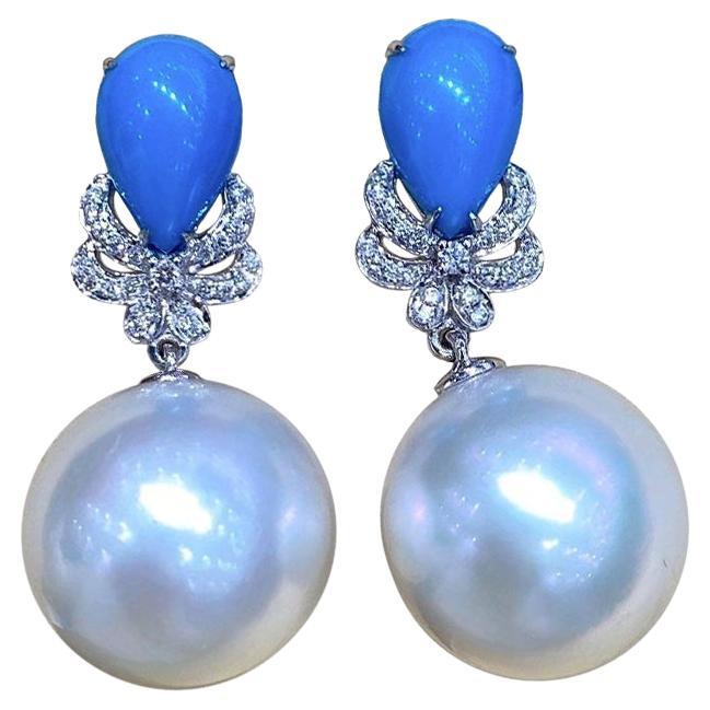 【Caelmare】Turquoise Bloom Aurora South Sea Pearl Diamond Drop Earrings
