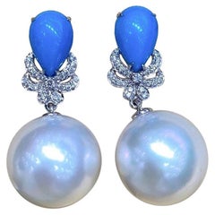 【Caelmare】Turquoise Bloom Aurora South Sea Pearl Diamond Drop Earrings