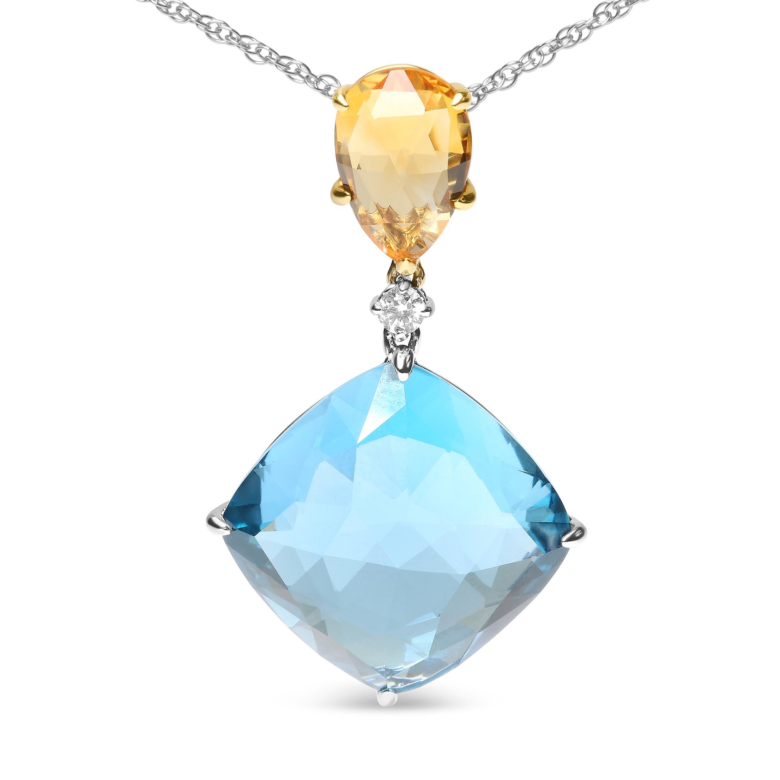 Unleash your inner goddess wearing this marvelous pendant necklace made from genuine 18k white and yellow gold with natural gemstones. At the bail nestled a radiant 1.2mm pear-cut heat-treated yellow citrine nestled in a 5-prong setting. Directly