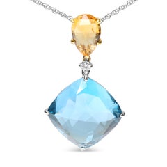 18K Gold Diamond & Yellow Citrine & Sky Blue Topaz Gemstone Pendant Necklace