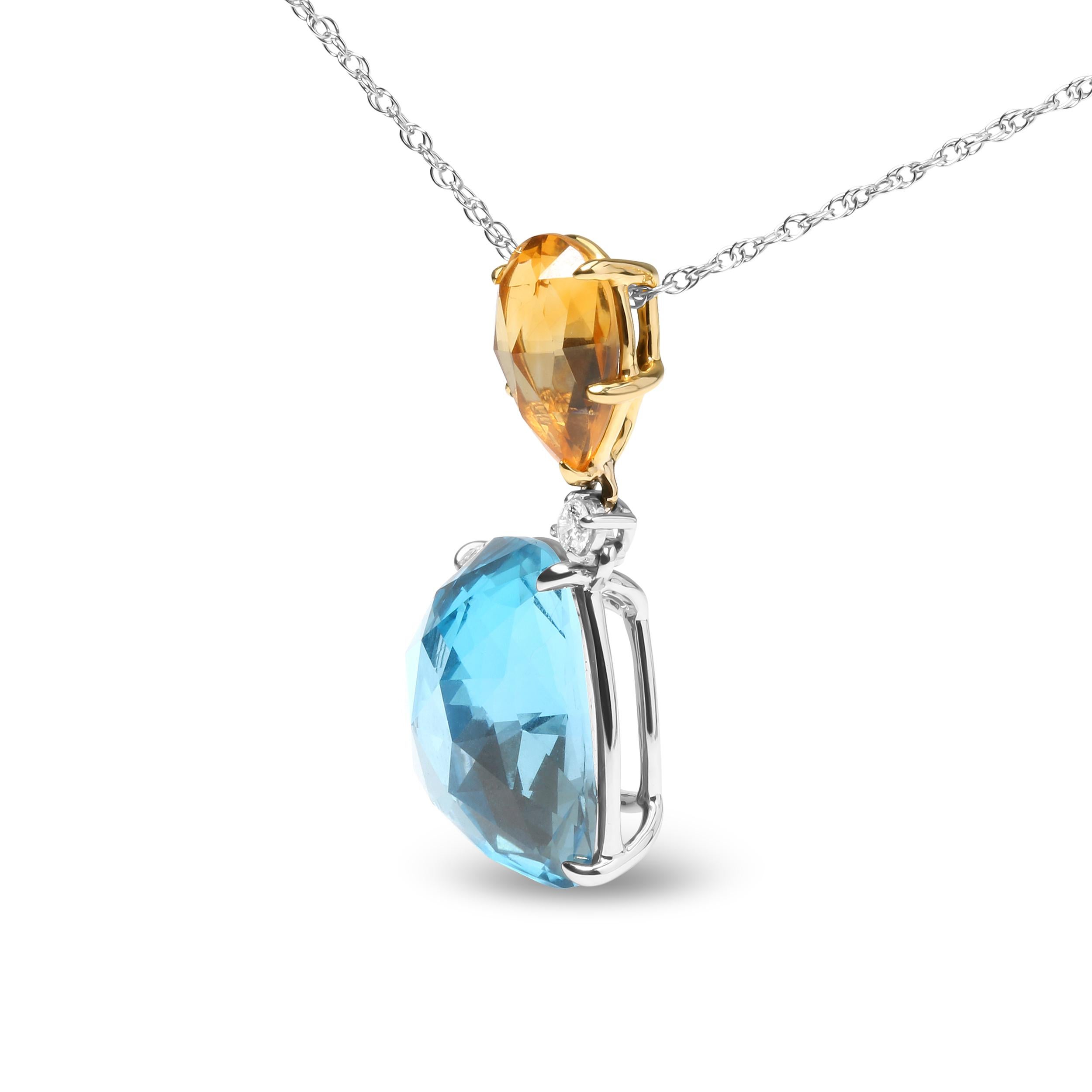 Contemporary 18K Gold Diamond & Yellow Citrine & Sky Blue Topaz Gemstone Pendant Necklace For Sale