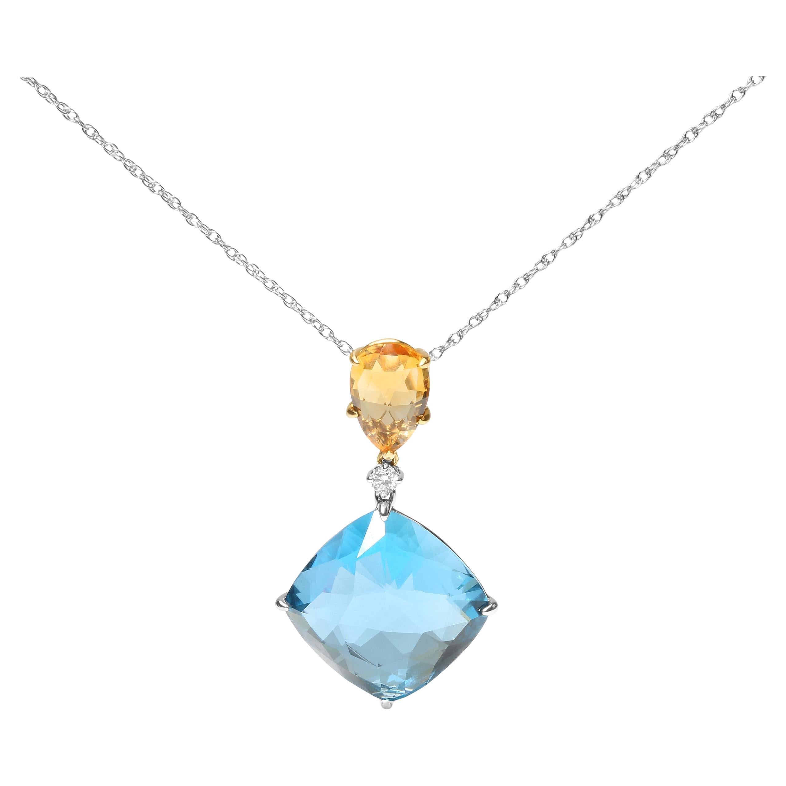 Collier pendentif en or 18 carats avec diamants, citrine jaune et topaze bleu ciel