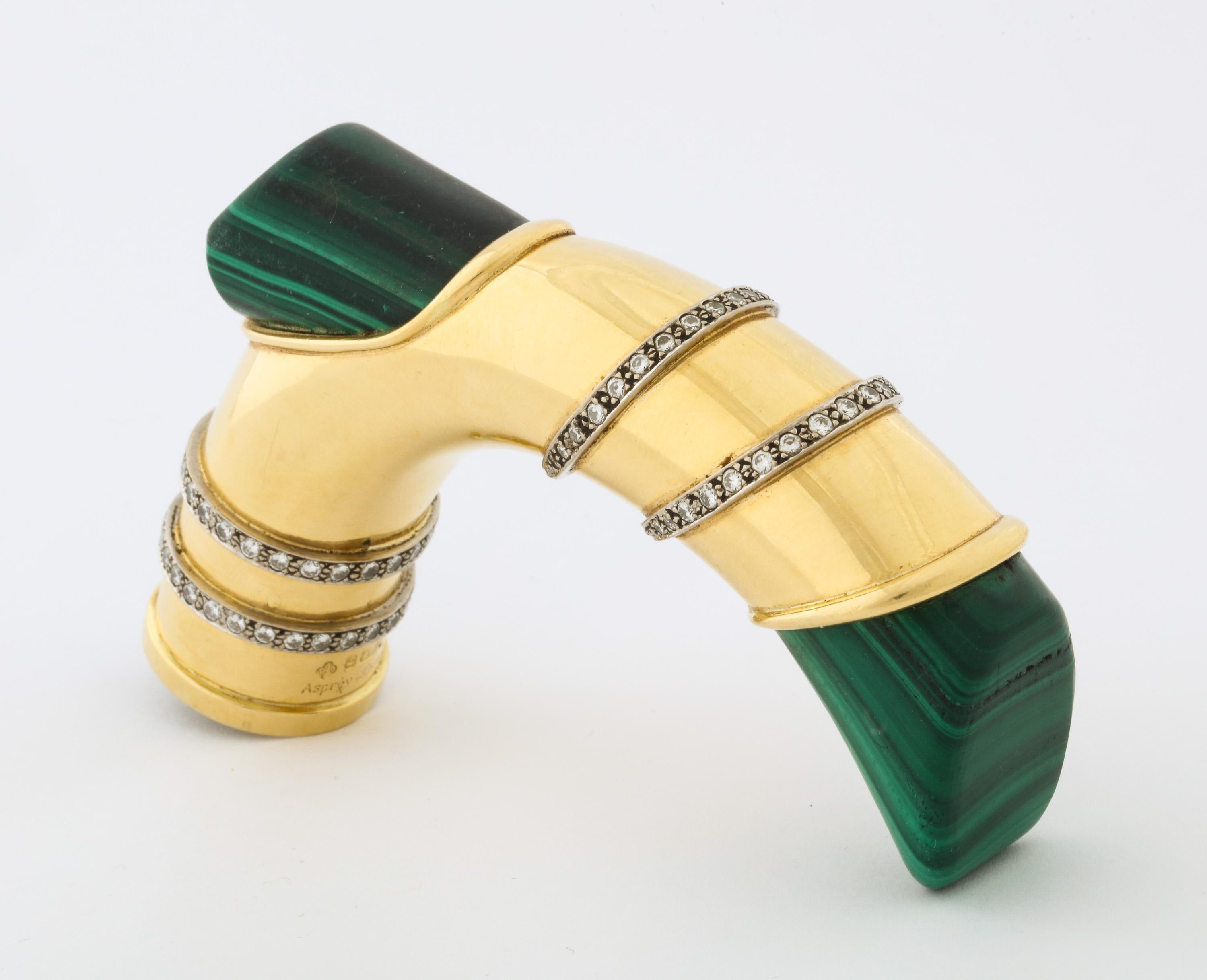 18 Karat Gold, Diamonds & Malachite Cane Walking Stick Handle by Asprey London 10