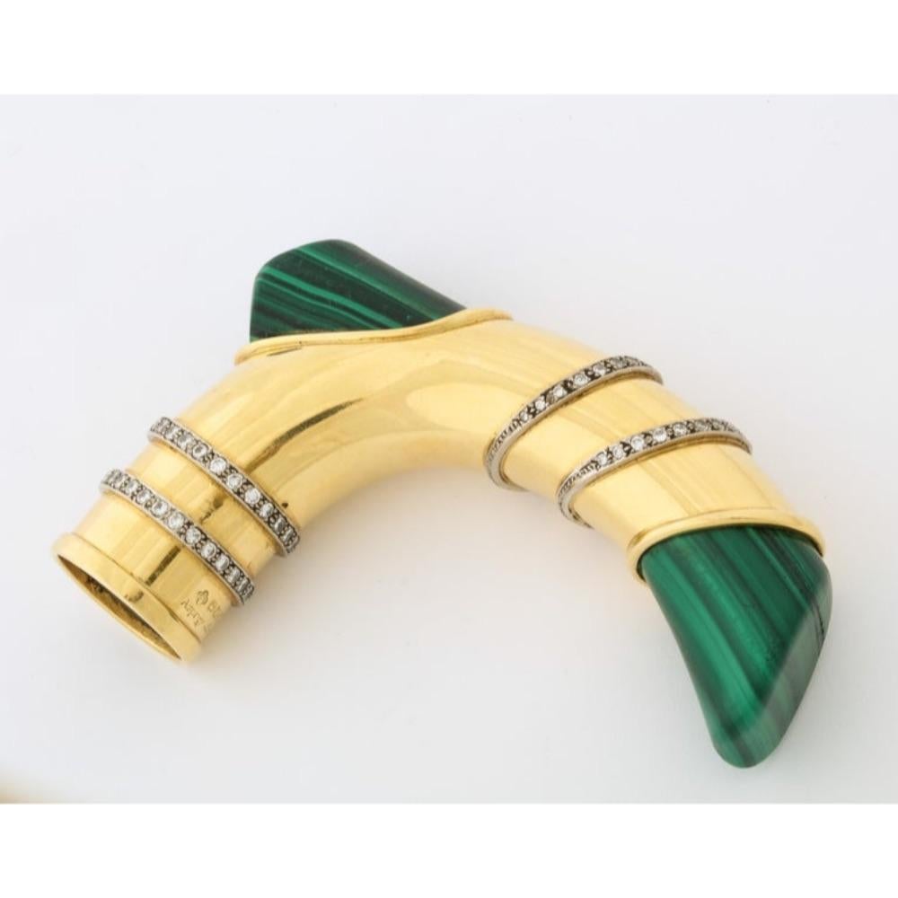 18K Gold, Diamonds, and Malachite Cane Walking Stick Handle by Asprey London, 20th century.  

Can also be used as a door handle.   

Hallmarked, stamped 750 and signed Asprey London  

4