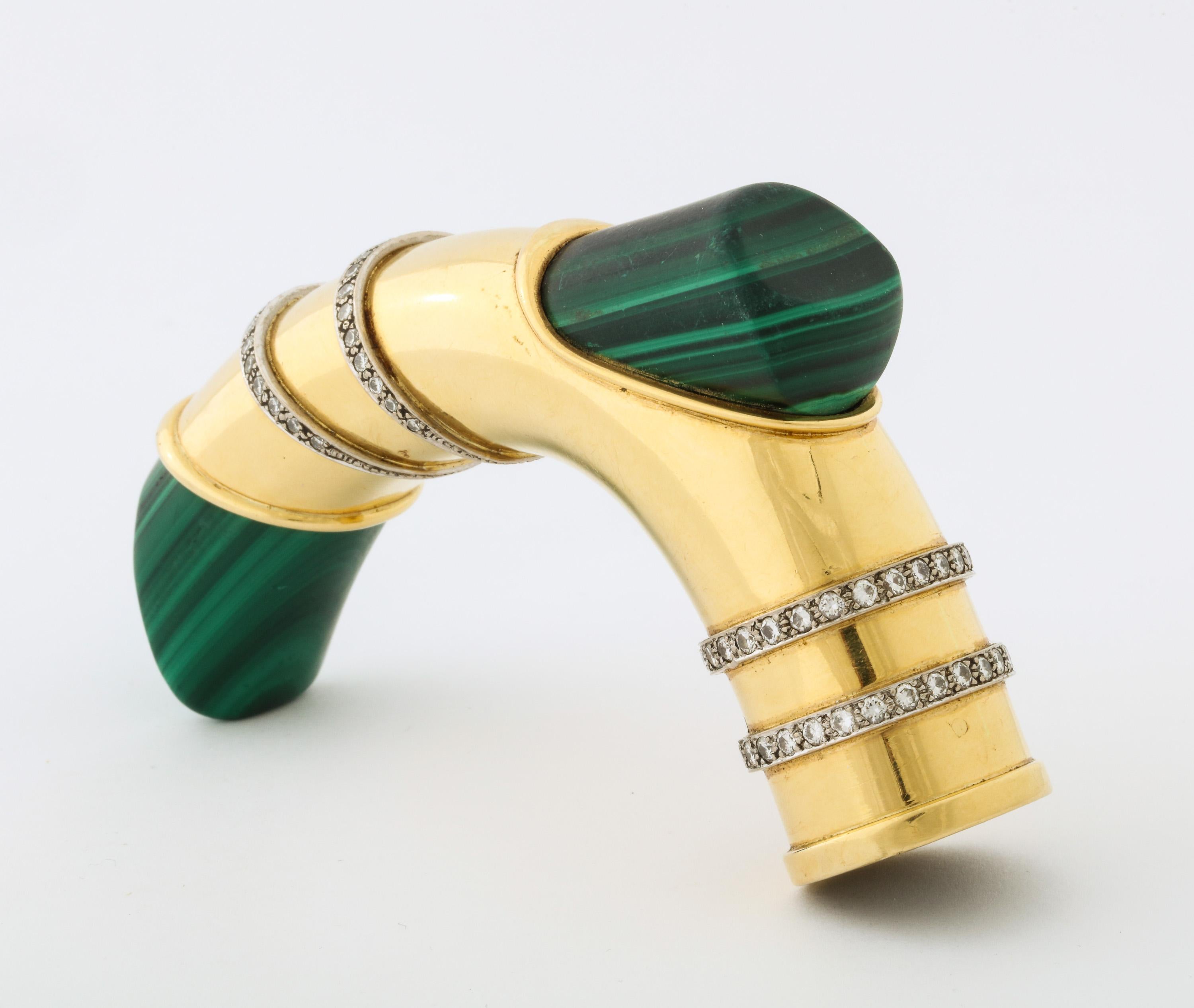 British 18 Karat Gold, Diamonds & Malachite Cane Walking Stick Handle by Asprey London