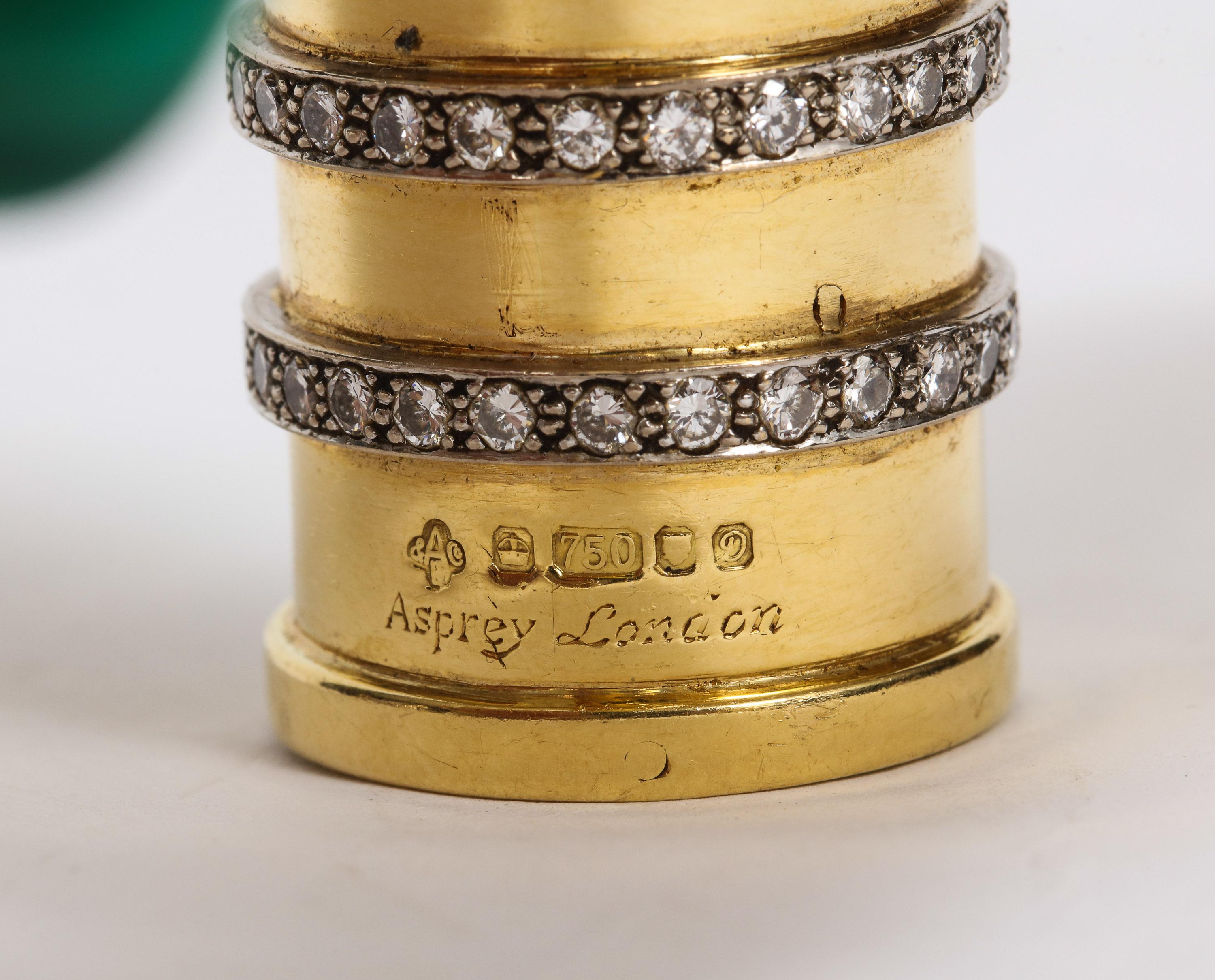 18 Karat Gold, Diamonds & Malachite Cane Walking Stick Handle by Asprey London In Good Condition In New York, NY