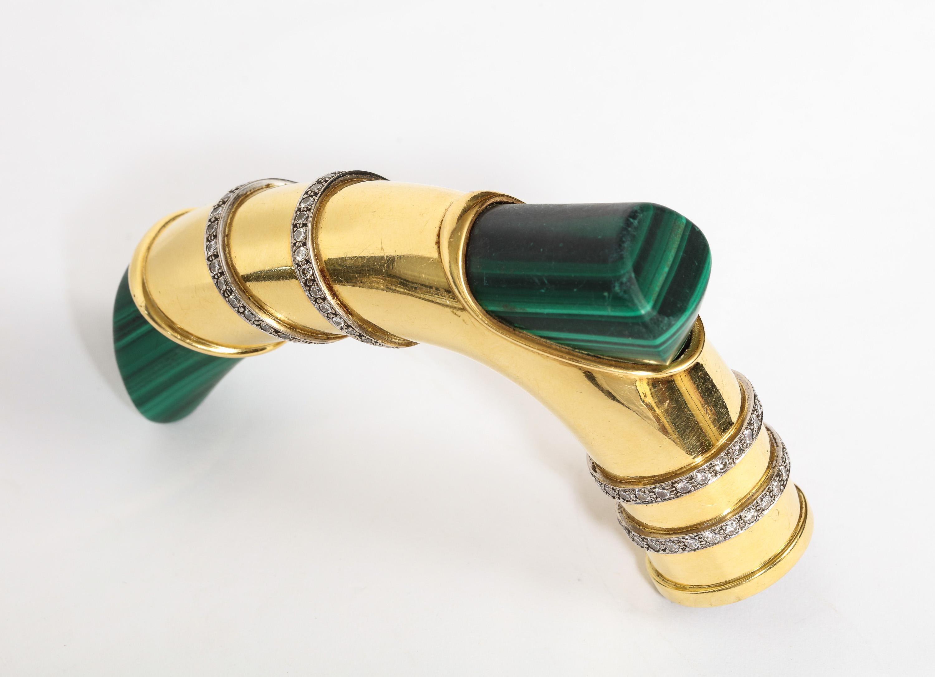 18 Karat Gold, Diamonds & Malachite Cane Walking Stick Handle by Asprey London 1