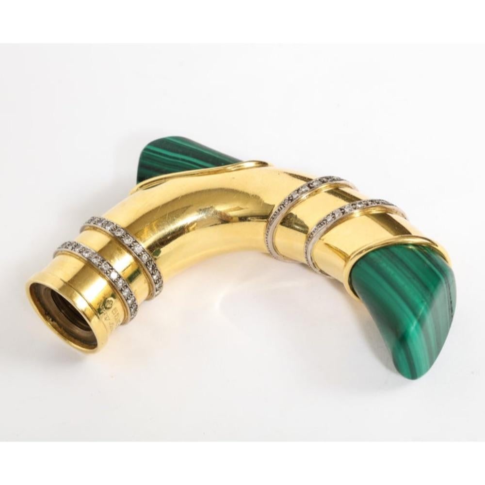 18 Karat Gold, Diamonds and Malachite Cane Walking Stick Handle by Asprey London 1