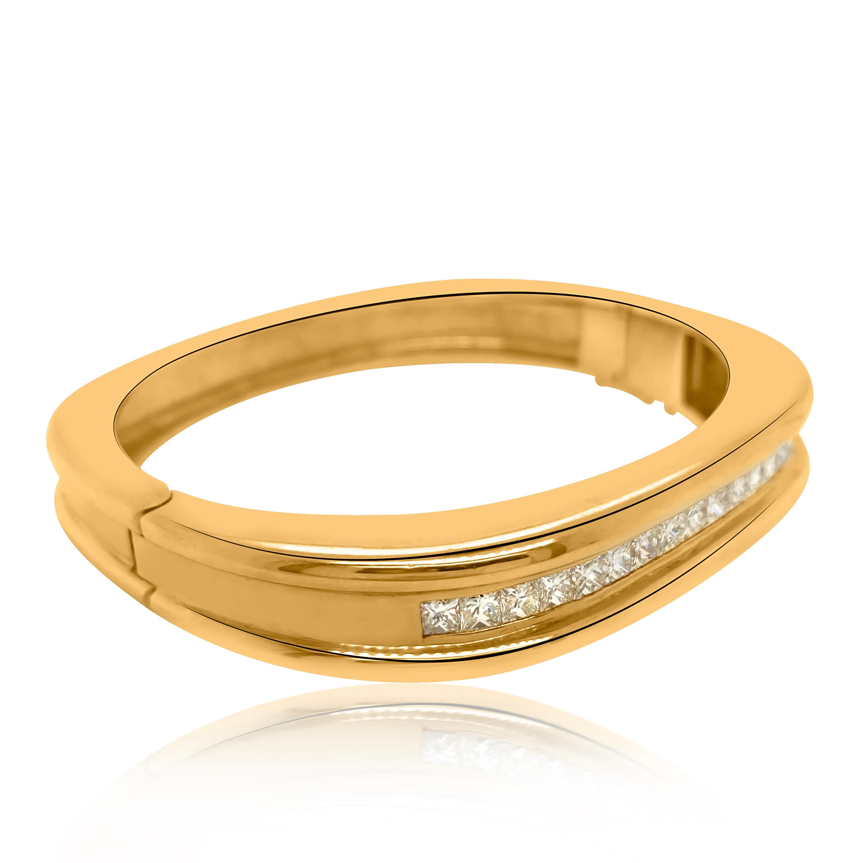 This vintage 1970s bangle bracelet of classic elegance and simplicity is crafted in 18 Karat yellow gold, weighing 60 grams and measuring 6*5.5 cm. The bangle bracelet is enriched with princess-cut diamonds deep-mounted along the middle of the
