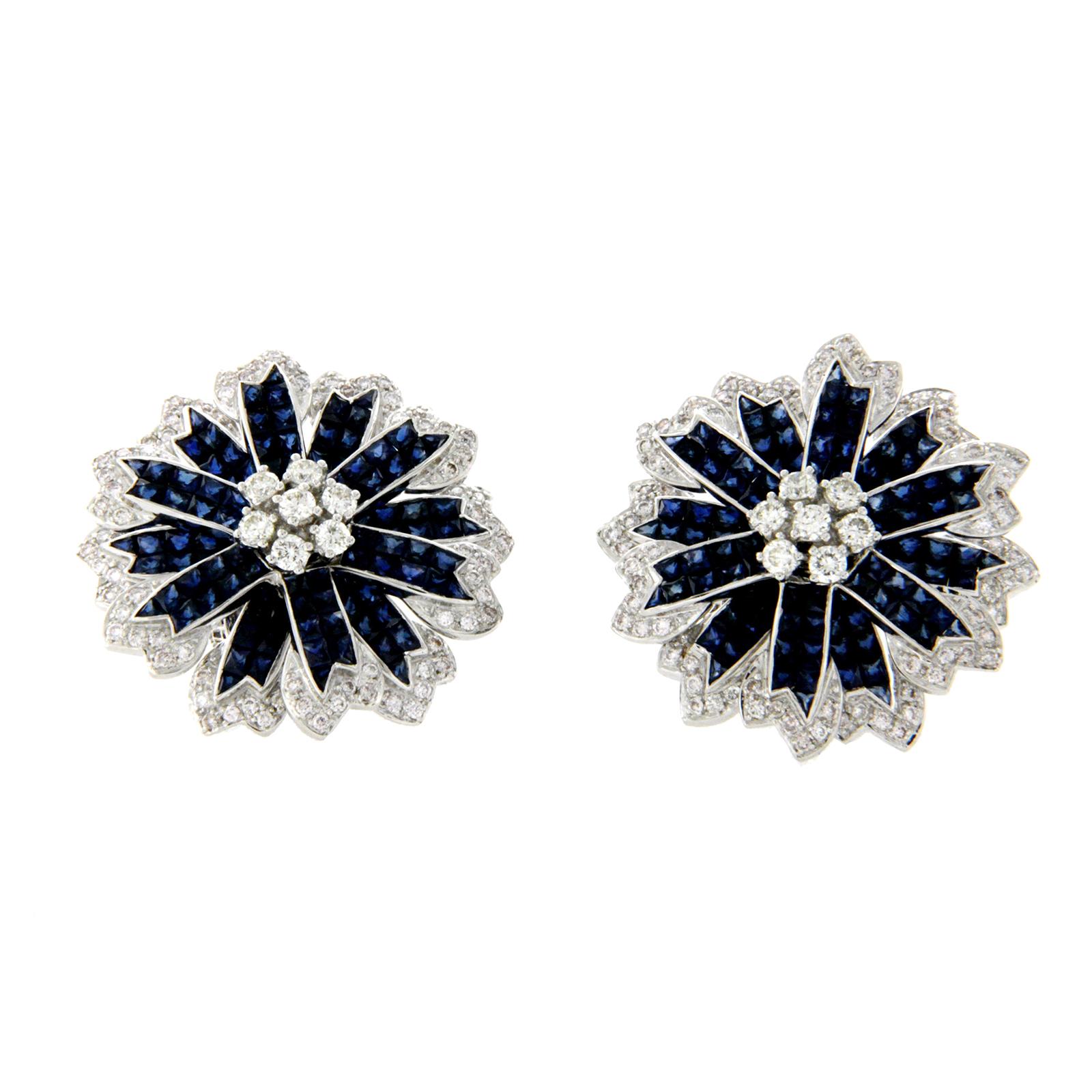 Women's 18k Gold Diamonds & Invisible Set 14.28 Ct Blue Sapphire Flower Earrings For Sale