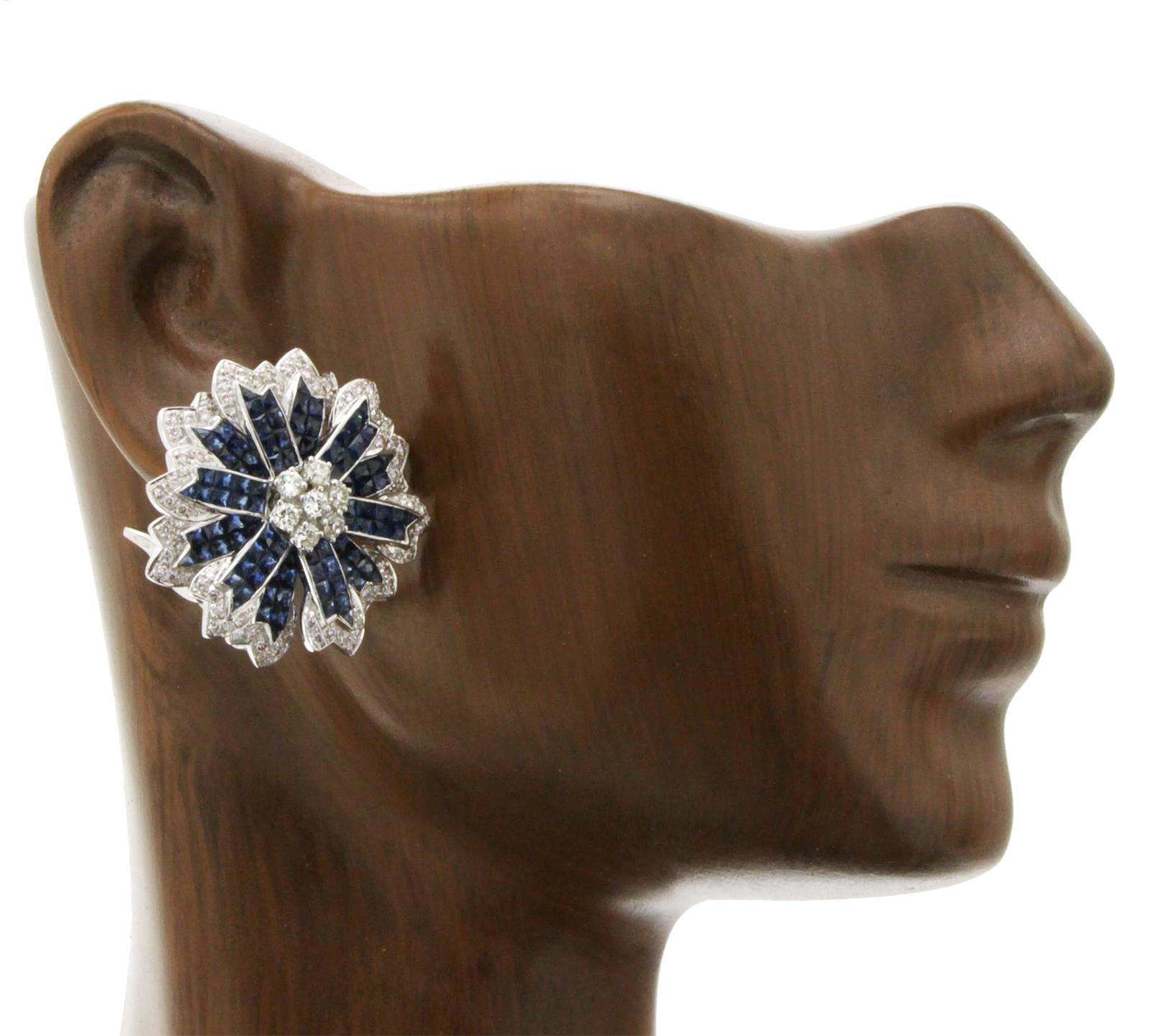 18k Gold Diamonds & Invisible Set 14.28 Ct Blue Sapphire Flower Earrings For Sale 1