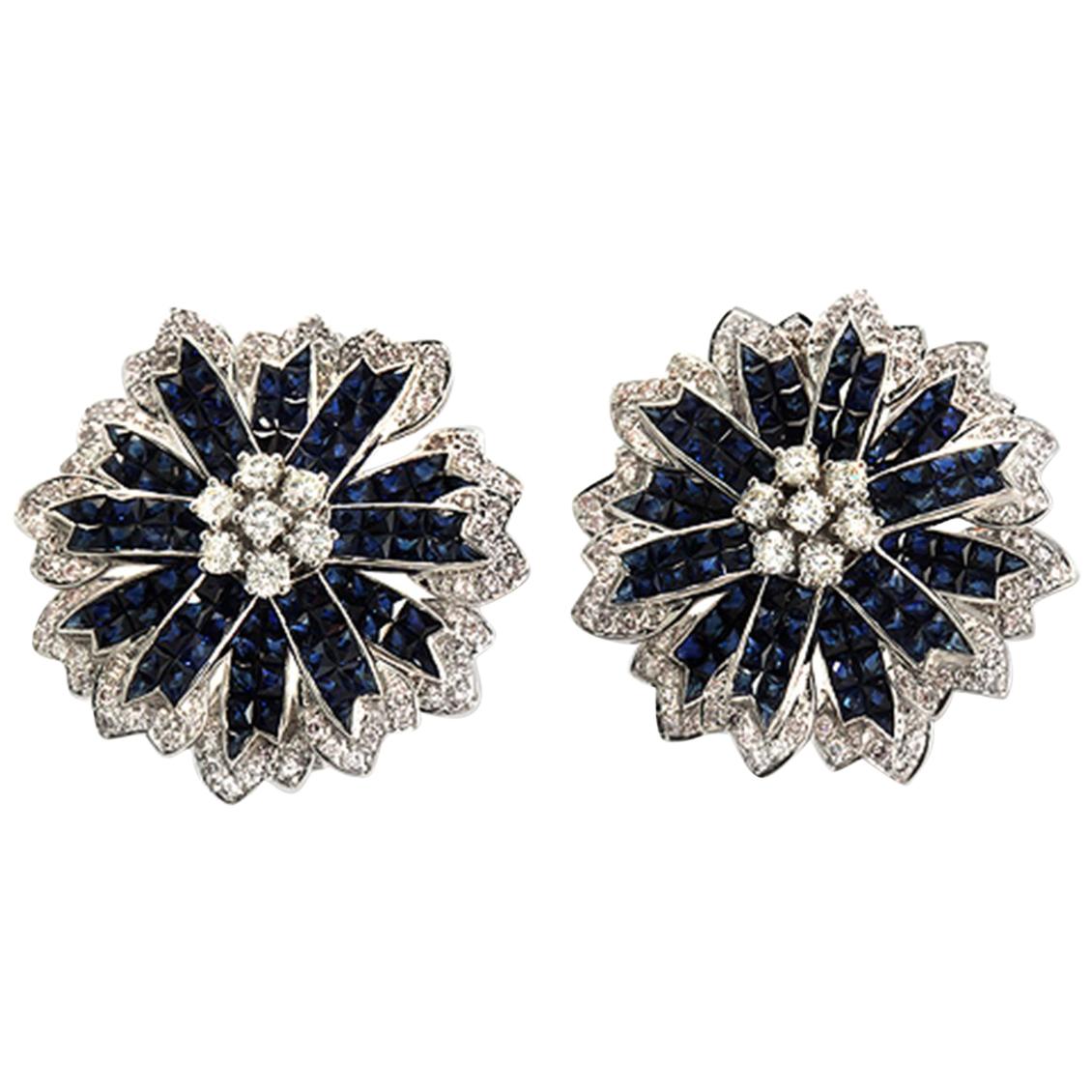 18k Gold Diamonds & Invisible Set 14.28 Ct Blue Sapphire Flower Earrings For Sale