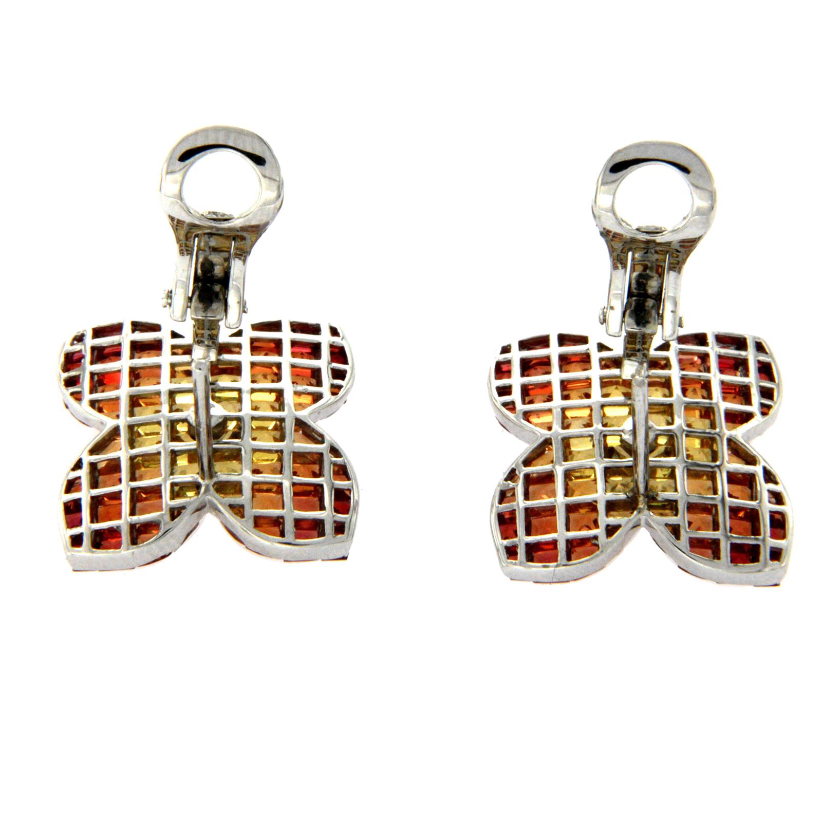 Women's 18k Gold Diamonds & Invisible Set 9.86 Ct Orange Sapphire Flower Earrings For Sale