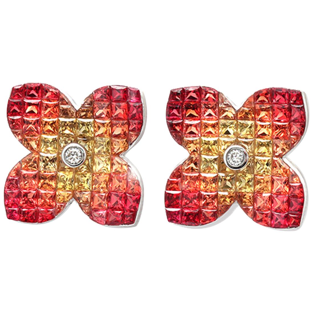 18k Gold Diamonds & Invisible Set 9.86 Ct Orange Sapphire Flower Earrings