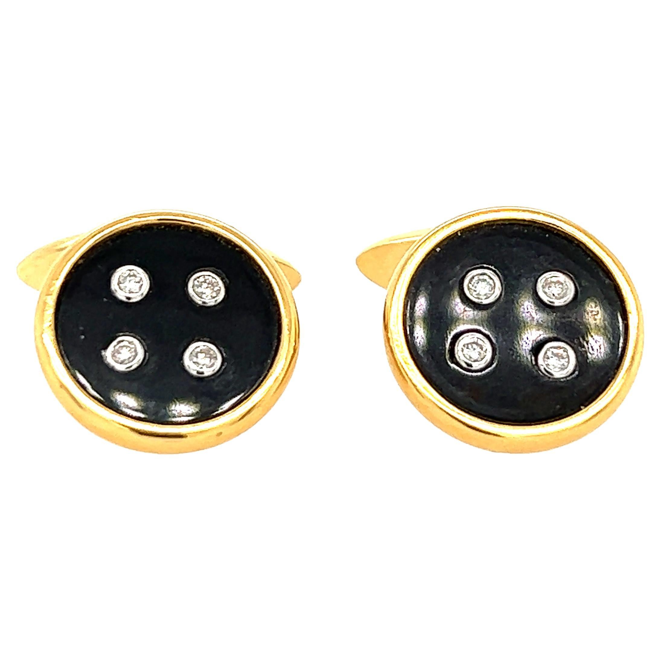 18K Gold & Diamonds & Onyx Button Cufflinks For Sale