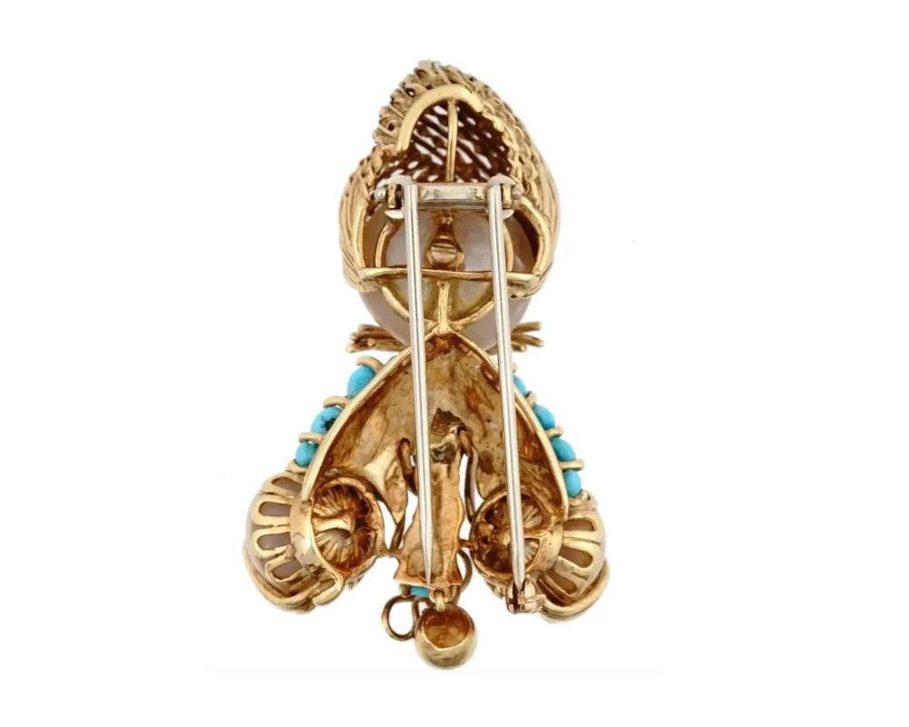 Round Cut   18K Gold Diamonds Turquoise Pearls Brooch By Dessin