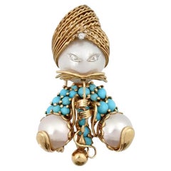 Vintage 18K Gold Diamonds Turquoise Pearls Brooch By Dessin