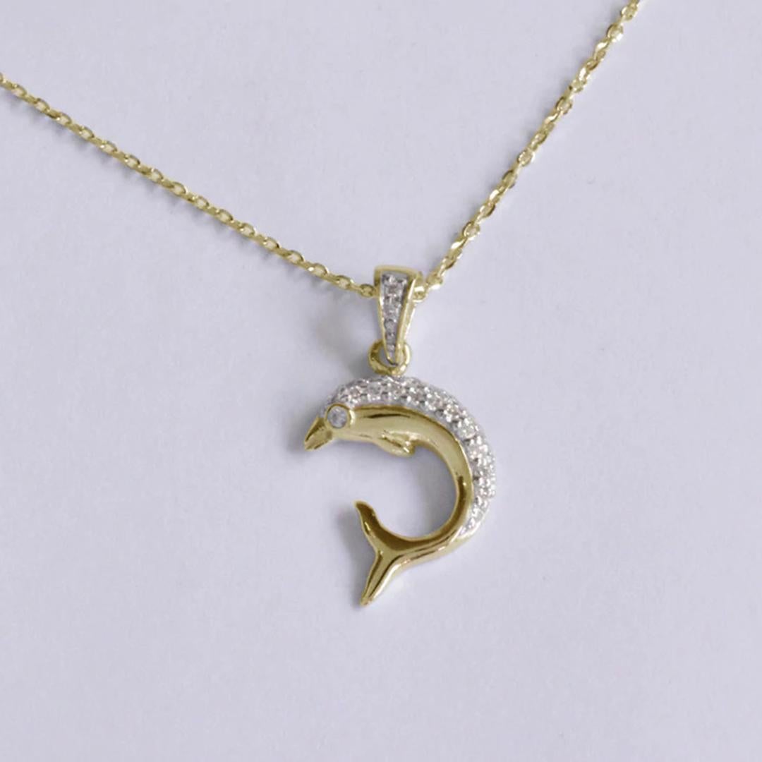 Round Cut 18k Gold Dolphin Necklace Nautical Marine Beach Dolphin Pendant For Sale
