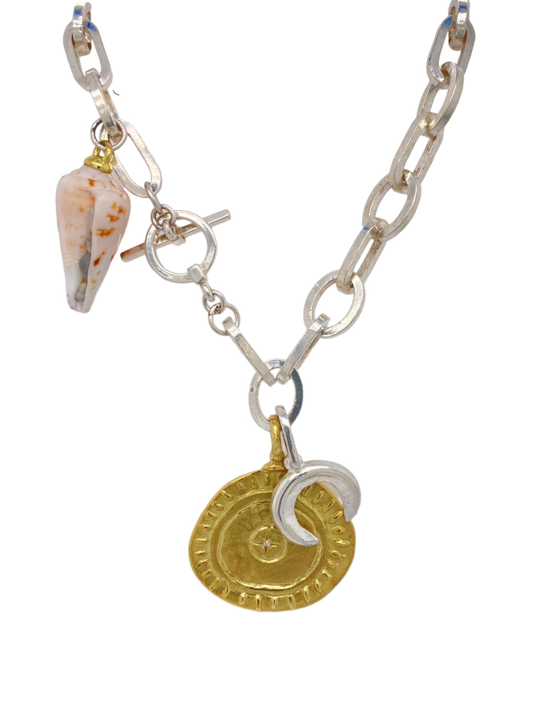 Native American 18k gold dolphin shield and shell necklace with diamonds For Sale