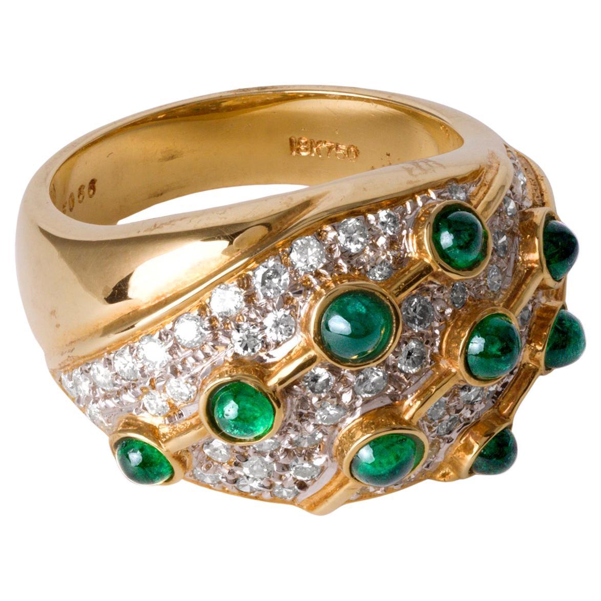 18K Gold Dome Cocktail Ring with Emerald Cabochon & Pave Diamonds — Size 6
