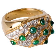 18K Gold Dome Cocktail Ring with Emerald Cabochon & Pave Diamonds — Size 6