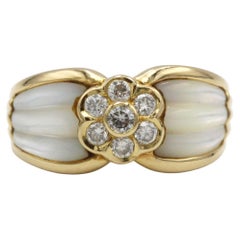 18K Gold Dome Ring with Rock Crystal Inserts and Diamond Floral Motif