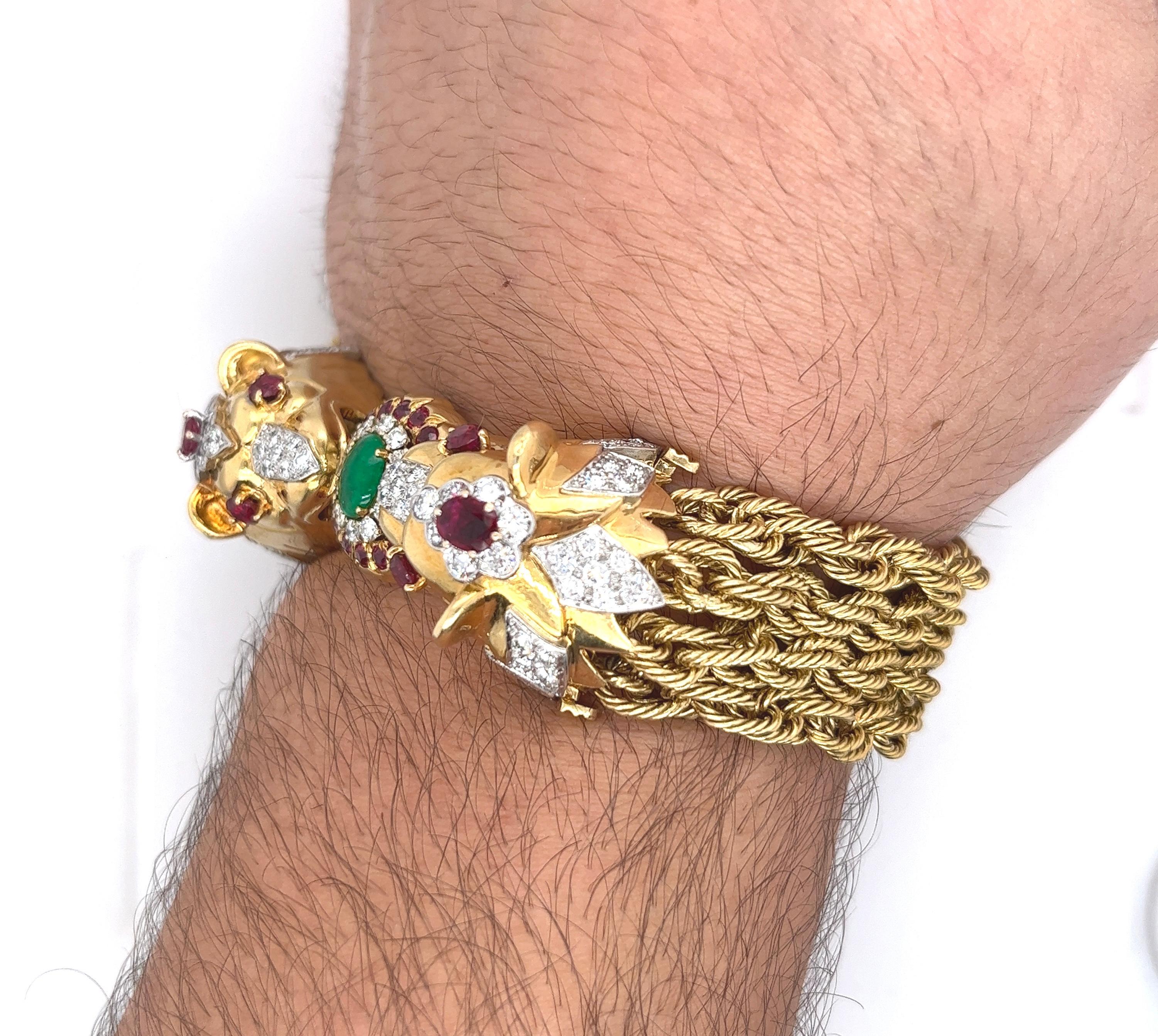 18K Gold Double Headed Lion & Multi Rope Chain Bracelet with Rubies & Diamonds For Sale 5
