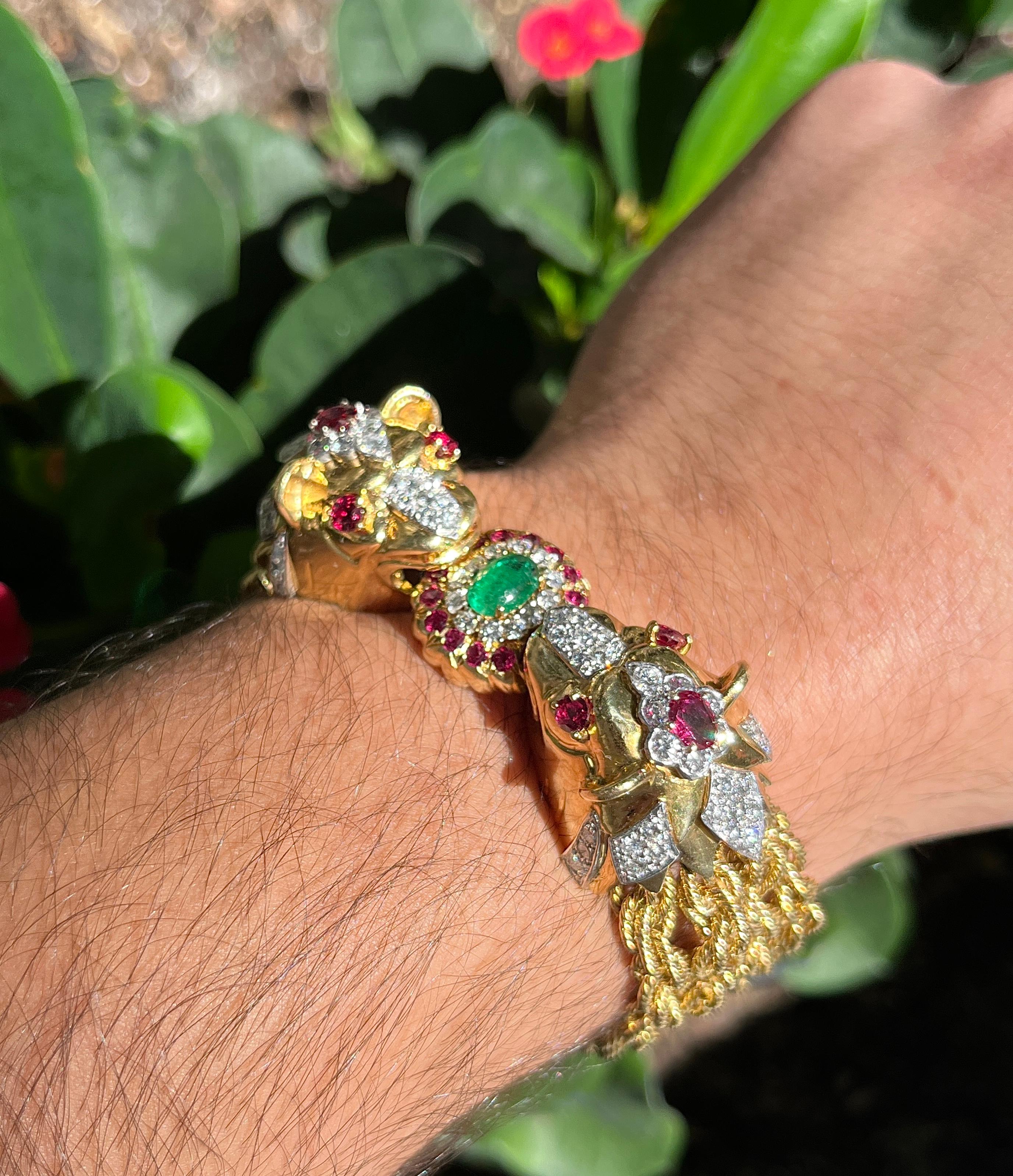 18 Karat Gold Doppelkopf Löwe & Multi Rope Kette Armband mit Rubinen und Diamanten im Angebot 7