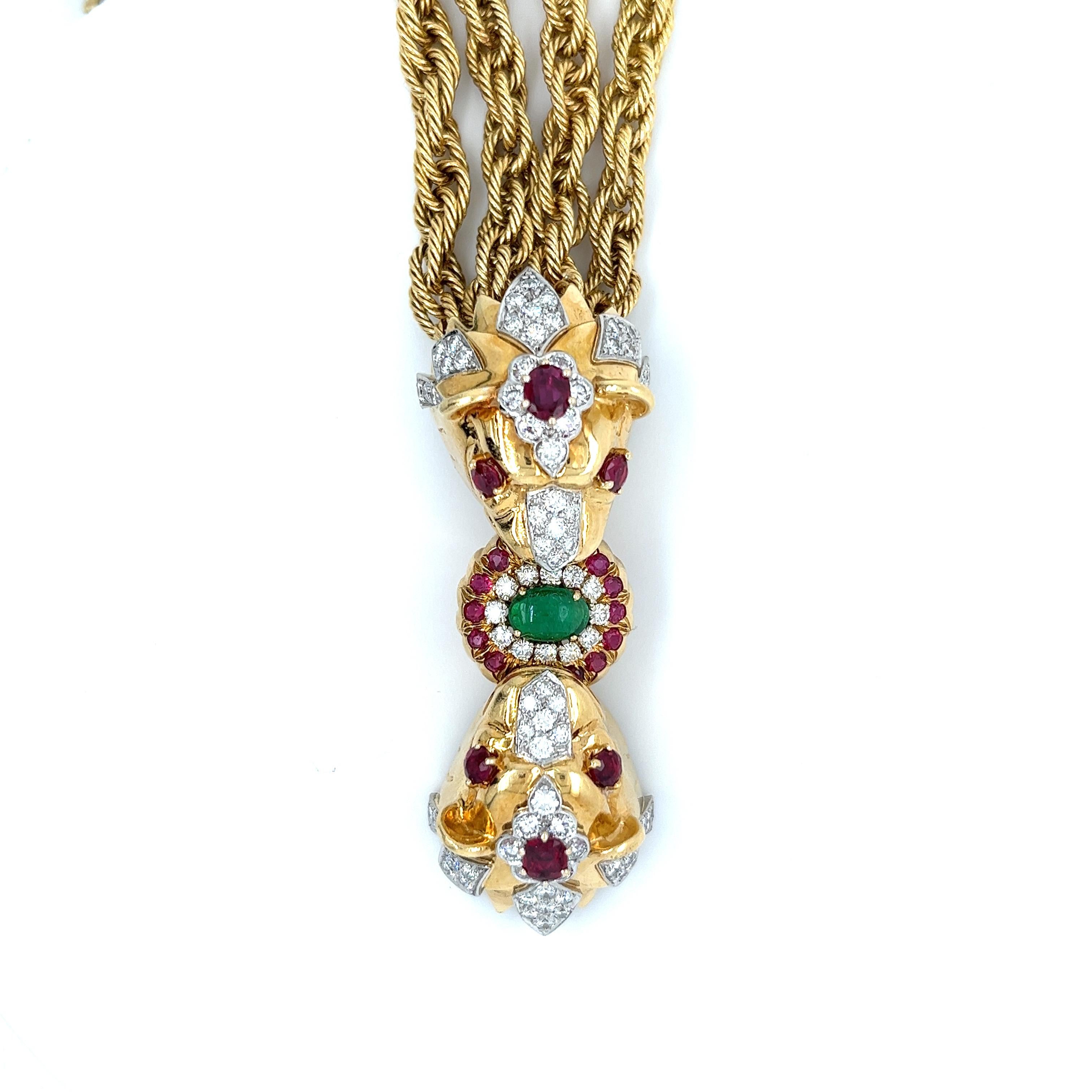 Round Cut 18K Gold Double Headed Lion & Multi Rope Chain Bracelet with Rubies & Diamonds For Sale