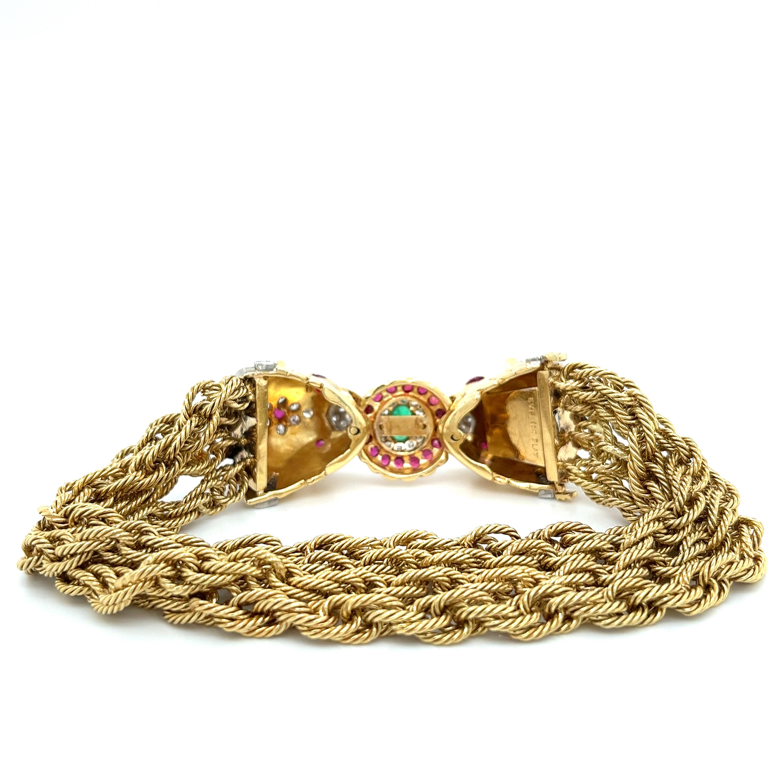 18K Gold Double Headed Lion & Multi Rope Chain Bracelet with Rubies & Diamonds In Excellent Condition For Sale In Miami, FL