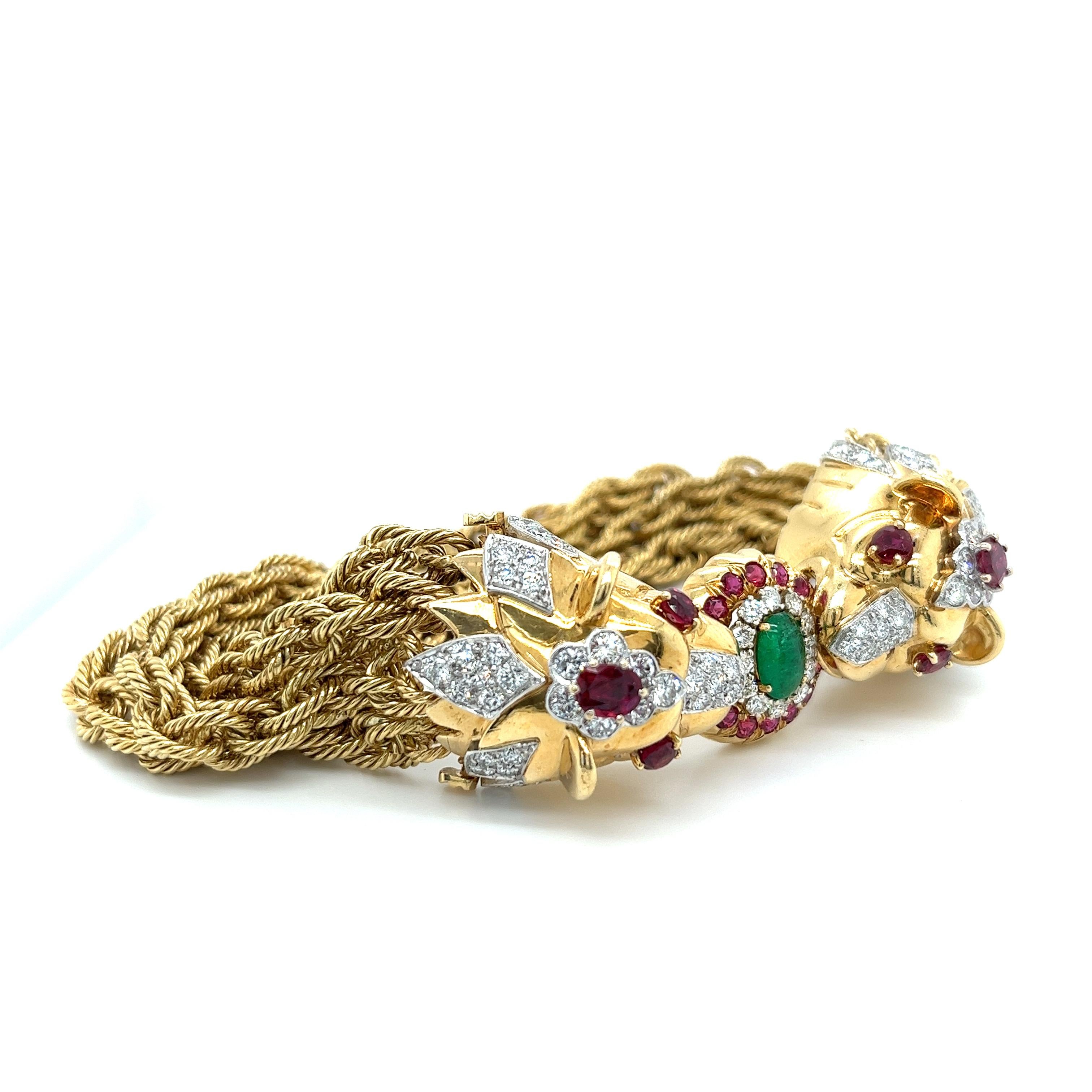 18K Gold Double Headed Lion & Multi Rope Chain Bracelet with Rubies & Diamonds For Sale 1