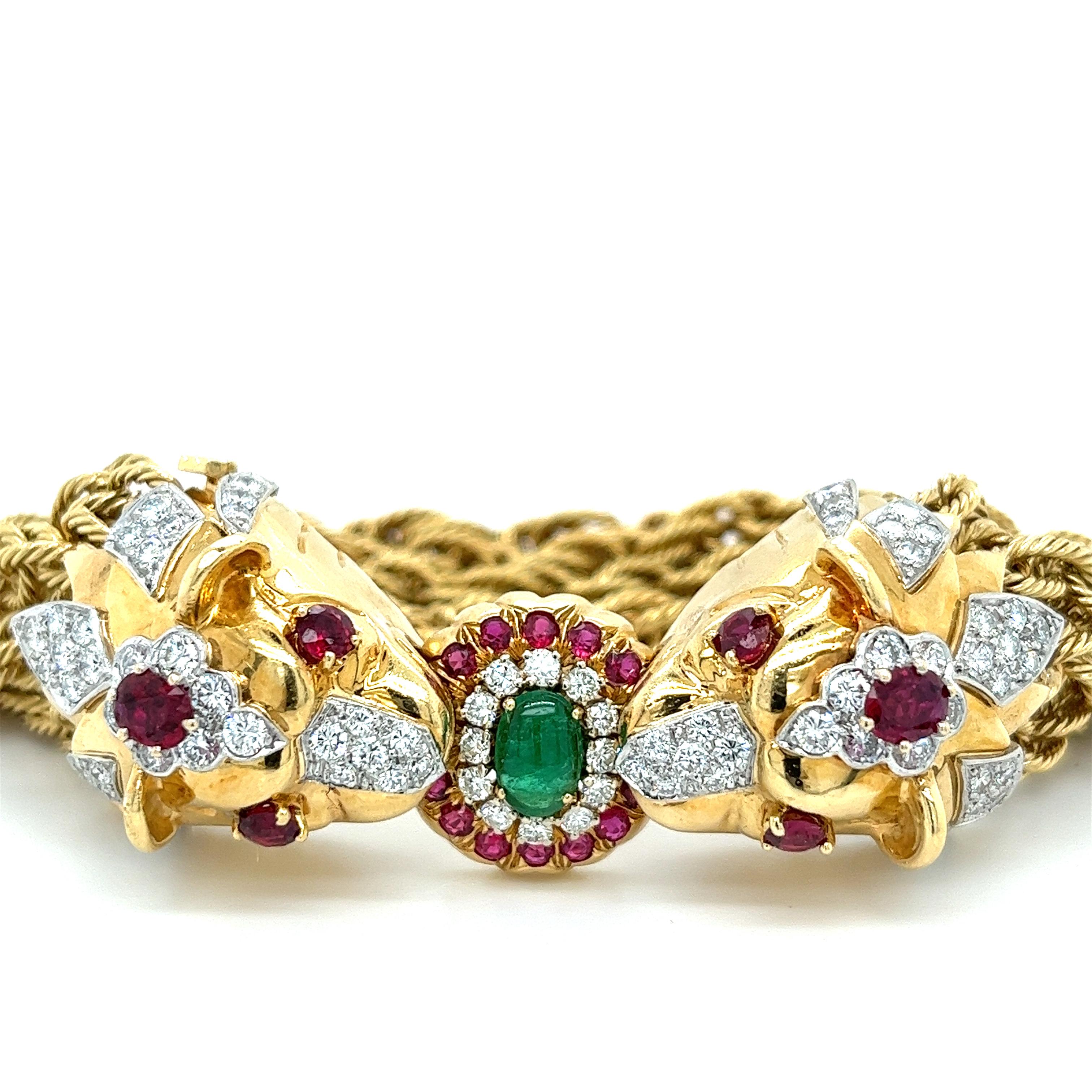 18K Gold Double Headed Lion & Multi Rope Chain Bracelet with Rubies & Diamonds For Sale 2