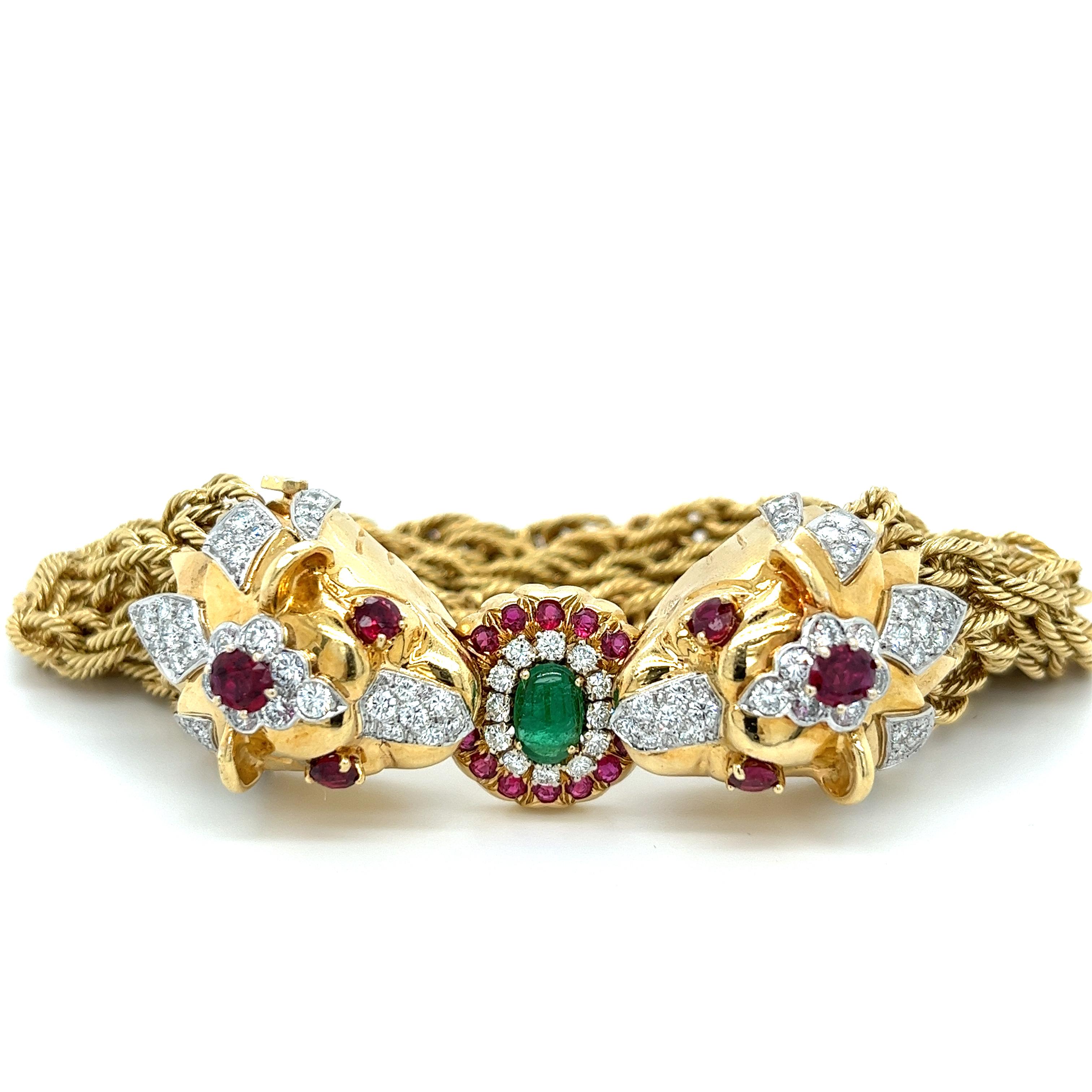 18K Gold Double Headed Lion & Multi Rope Chain Bracelet with Rubies & Diamonds For Sale 3