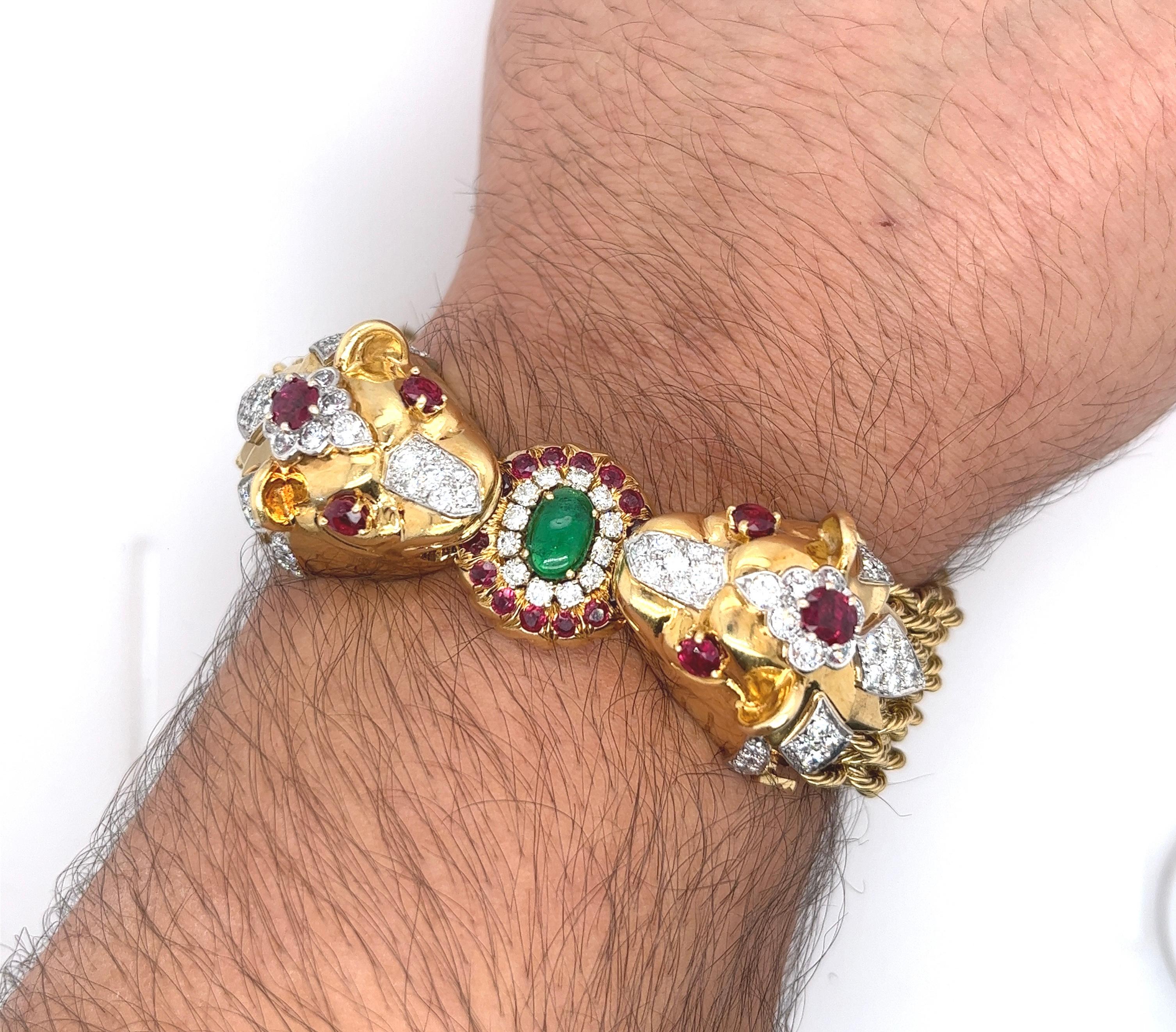 18K Gold Double Headed Lion & Multi Rope Chain Bracelet with Rubies & Diamonds For Sale 4