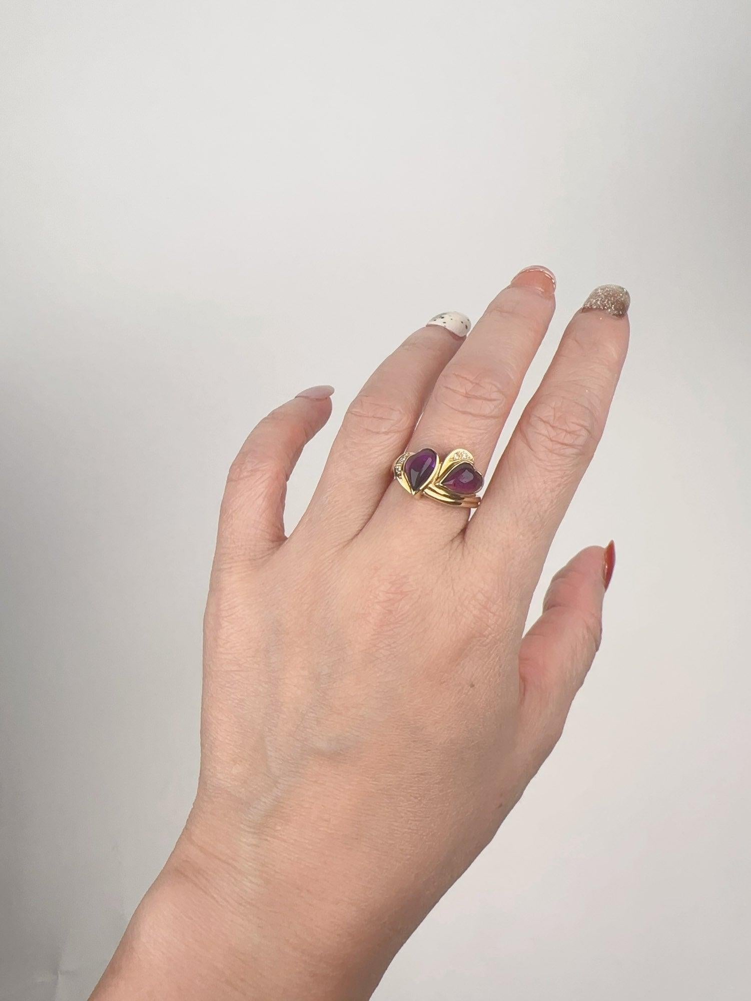 Heart Cut 18K Gold Double Heart Ring Amethyst Cabochon and Diamond R6743 For Sale