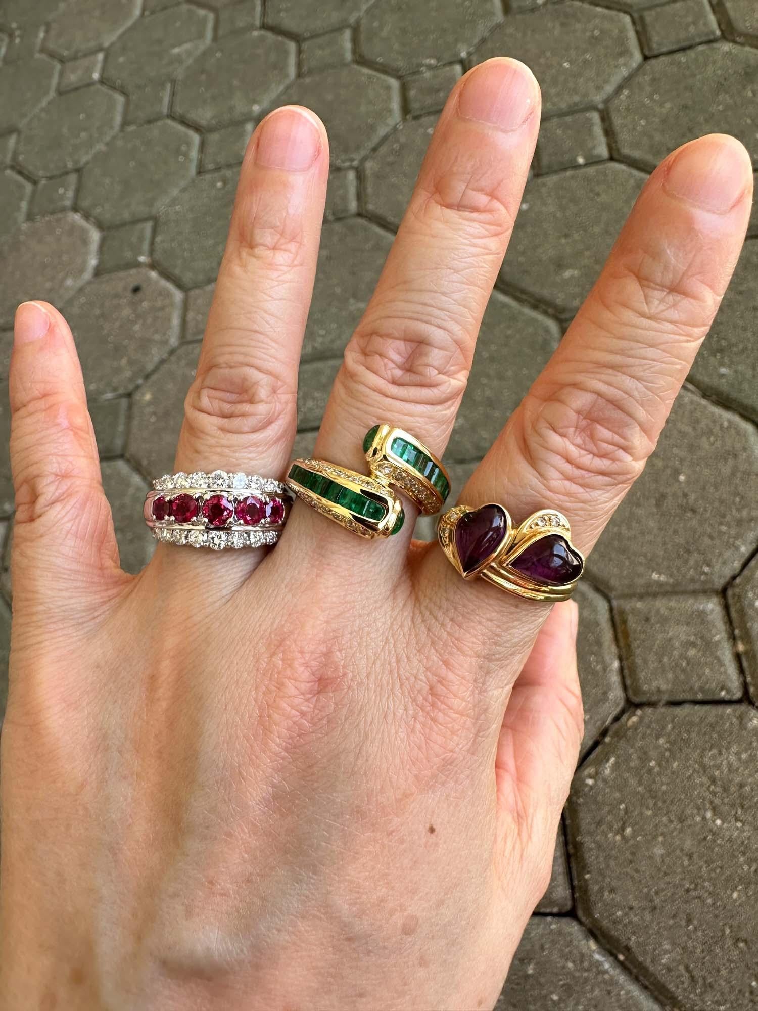 18K Gold Double Heart Ring Amethyst Cabochon and Diamond R6743 In Good Condition For Sale In Osprey, FL
