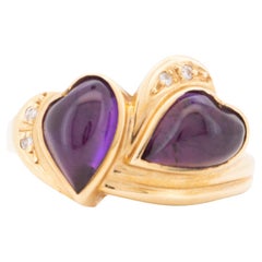 Anillo Doble Corazón de Oro de 18K Cabujón de Amatista y Diamante R6743