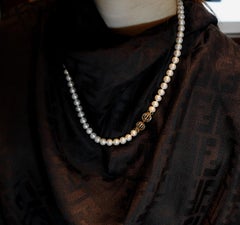 18K Gold Double Lined Ball Cage Clasp Single Strand Long Cultured Pearl Necklace