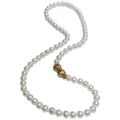 18K Gold Double Lined Ball Cage Clasp Single Strand Long Cultured Pearl Necklace