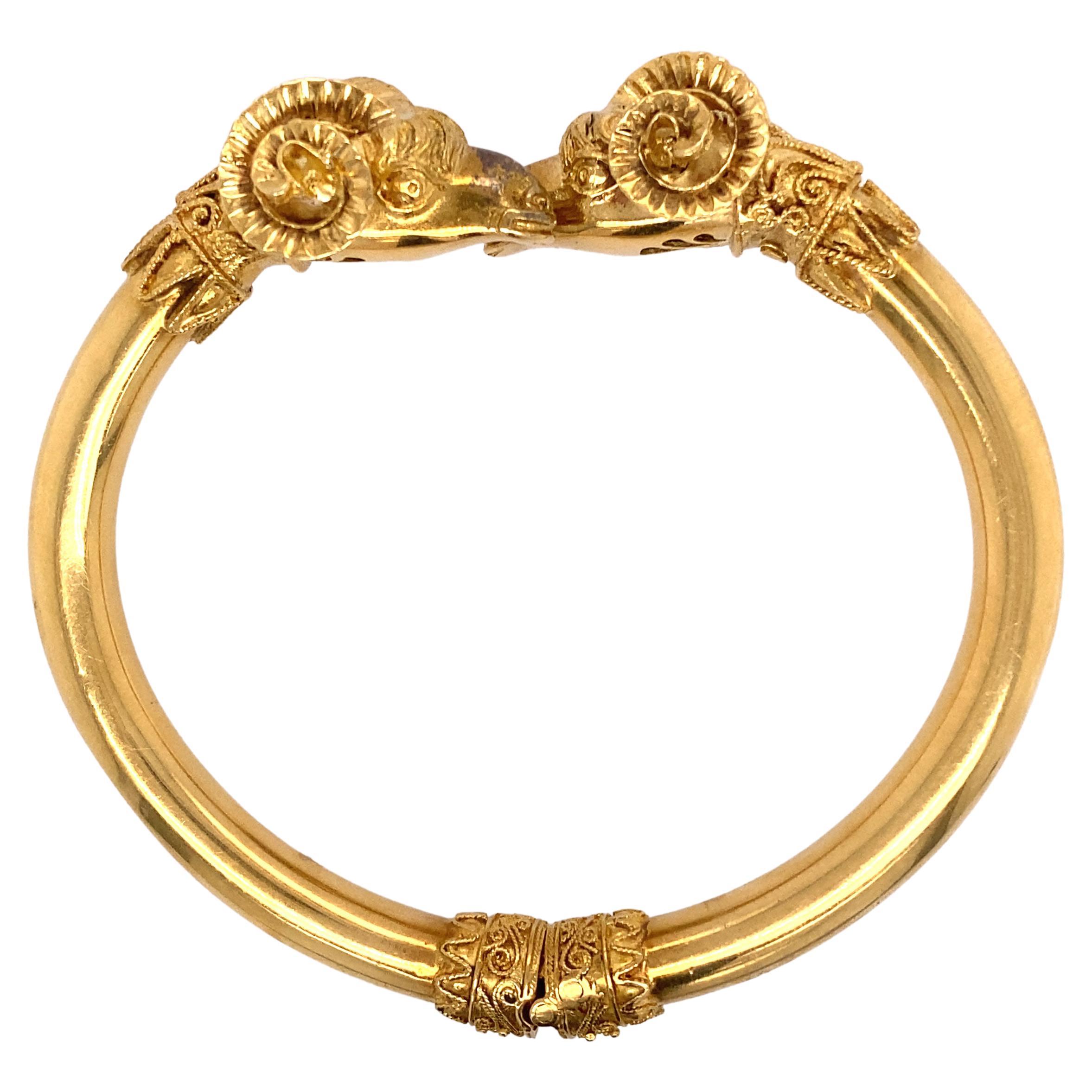 18k Gold Double Ram Head Bangle For Sale