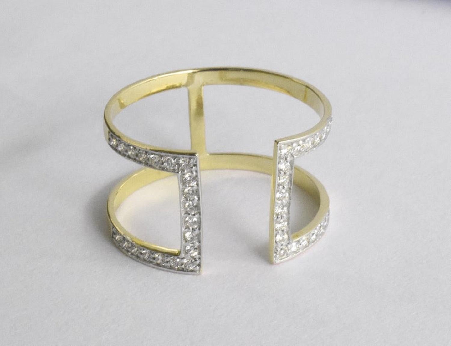 For Sale:  18k Gold Double Row Diamond Ring Two Band Ring Parallel Open Bar Diamond 3