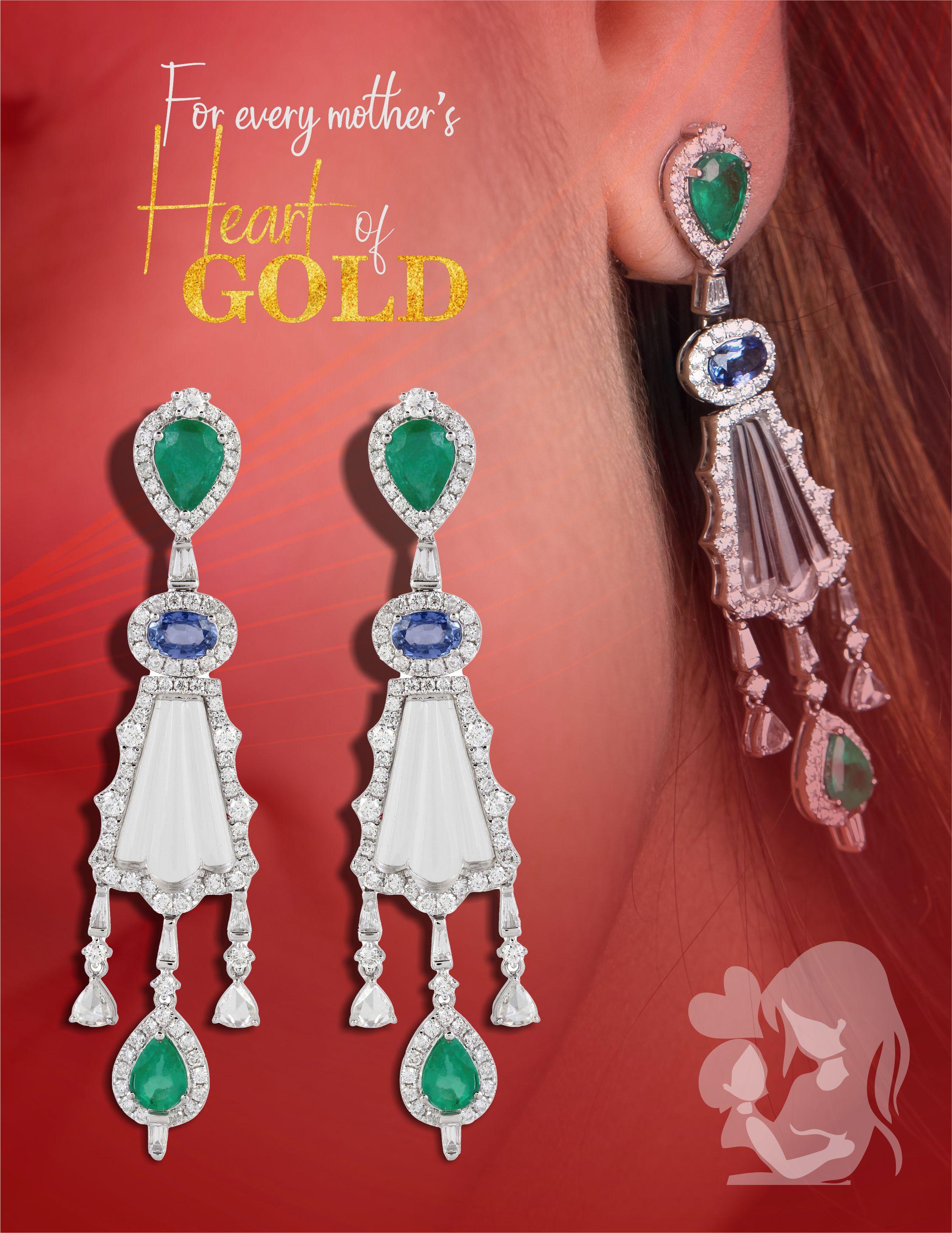 18K Gold Drop Earrings with Blue Sapphire, Emerald, Crystal and Diamonds In New Condition In New York, NY