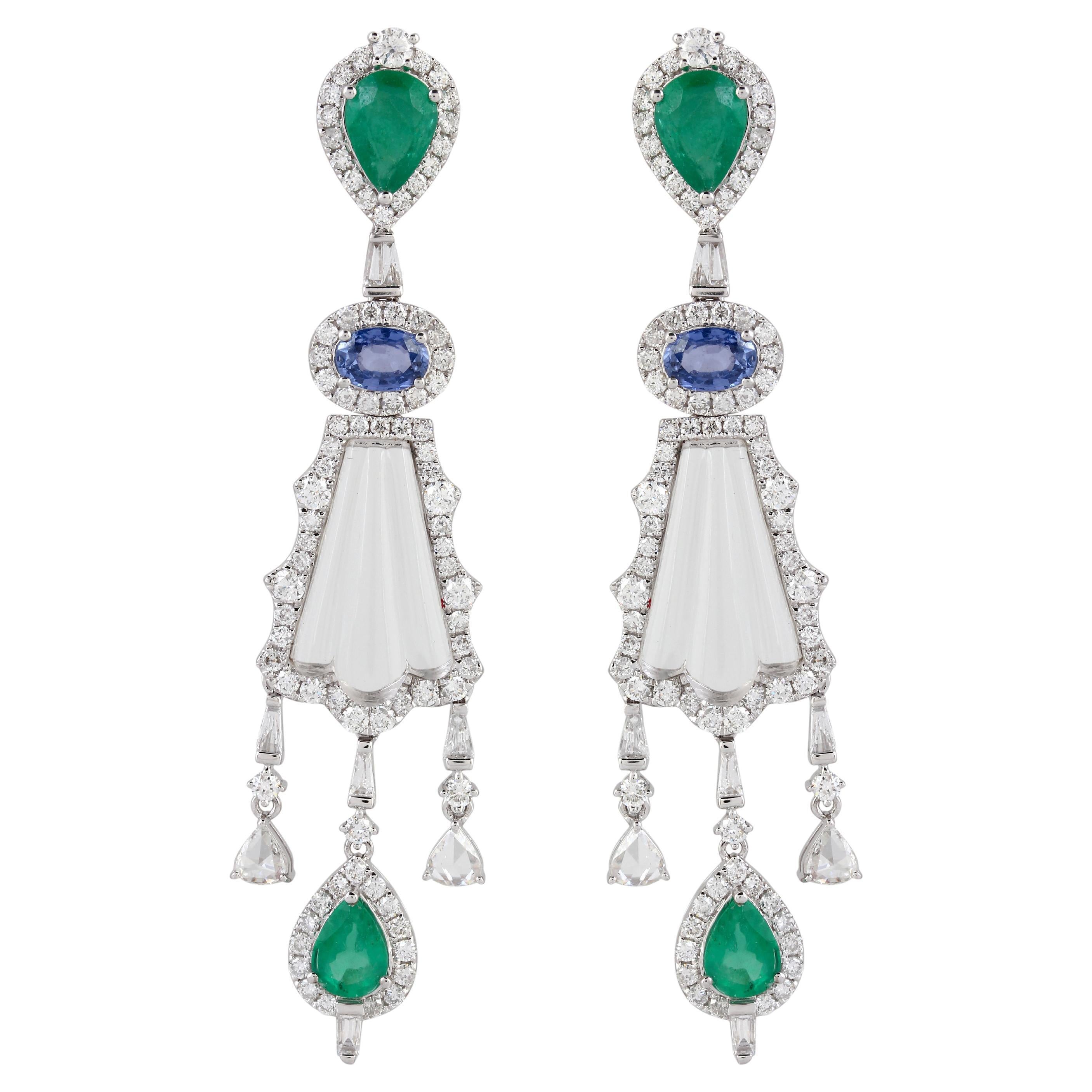 18K Gold Drop Earrings with Blue Sapphire, Emerald, Crystal and Diamonds