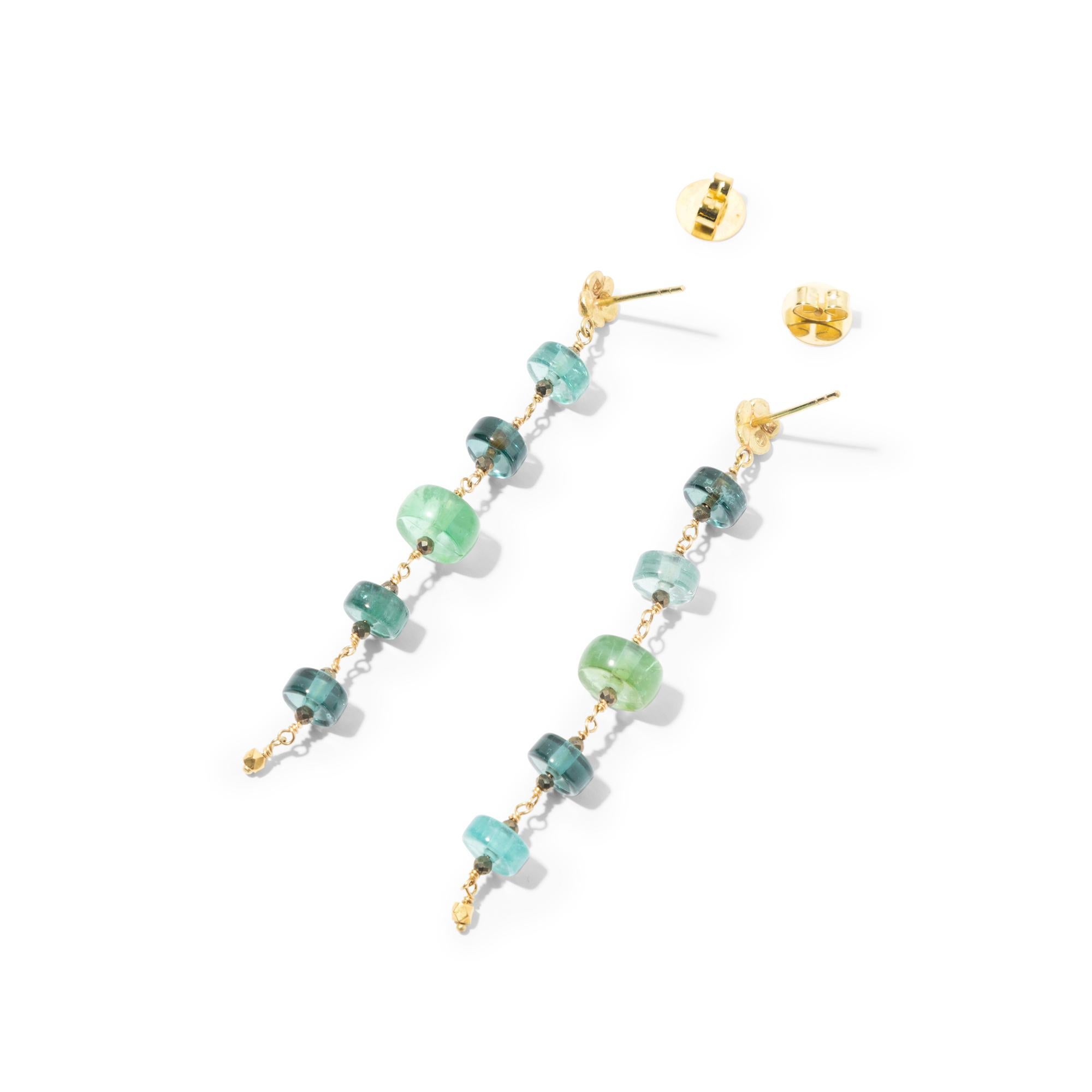 A lovely set of earrings with clear tourmaline gemstones in vivid tonal greens. The gemstones were obtained from a retiring cutter, and comes from an old lot of tourmalines which was cut in the last century. Nowadays, green tourmalines in gemstone