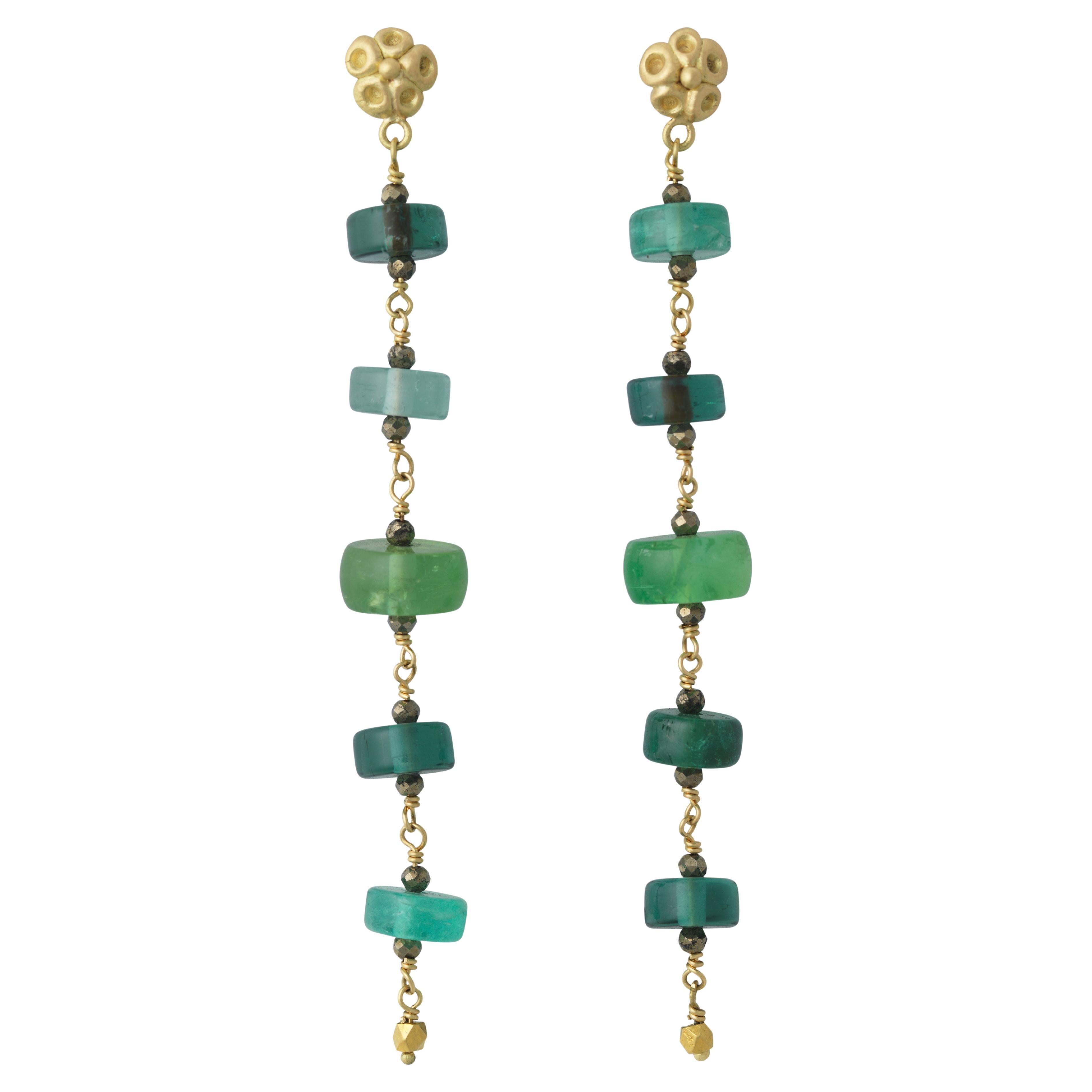 18k Gold Drop Earrings with Green Tourmaline Disk Beads For Sale