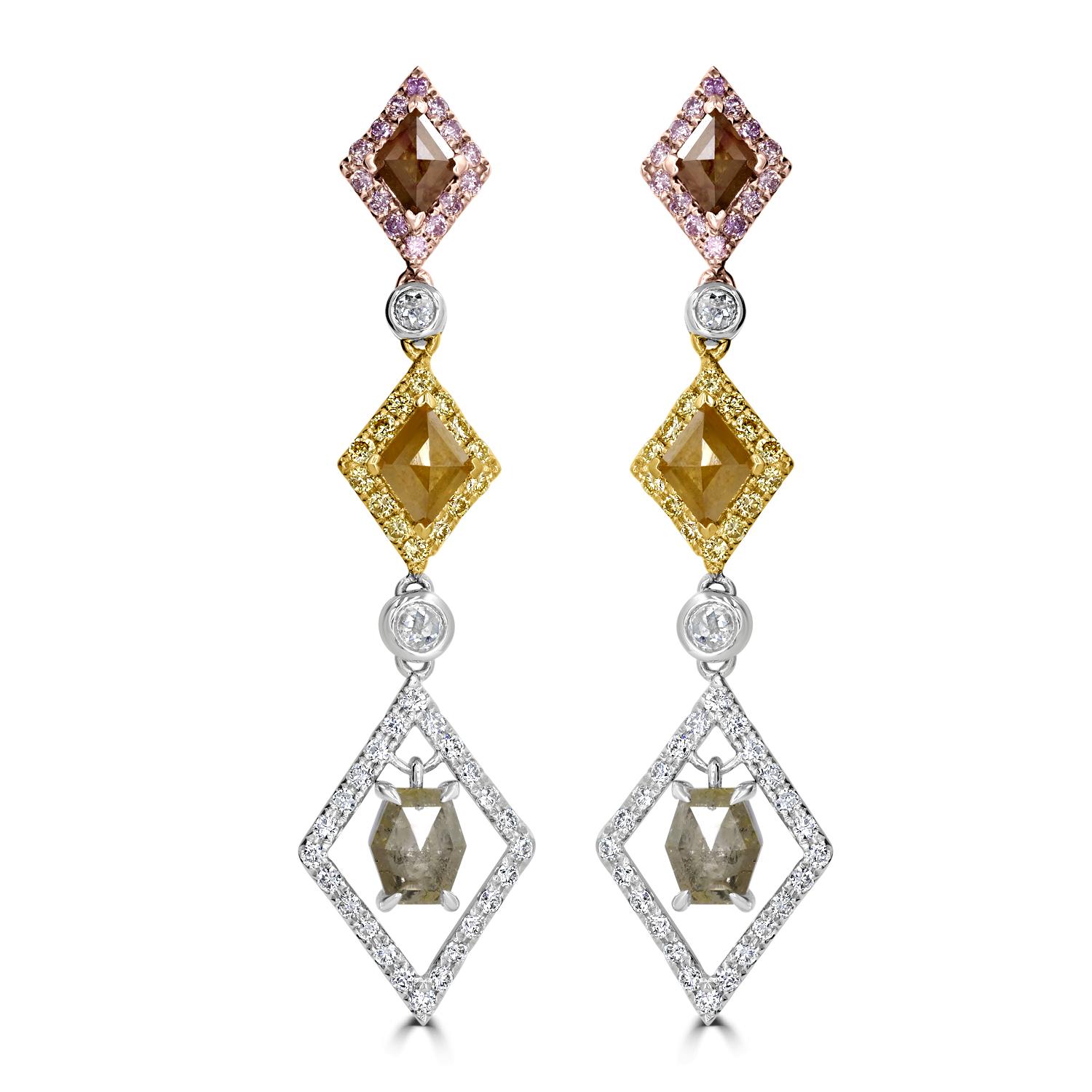Orecchini pendenti in oro 18 carati con sale e pepe, diamanti rosa, gialli e bianchi In condizioni Nuovo in vendita a New York, NY
