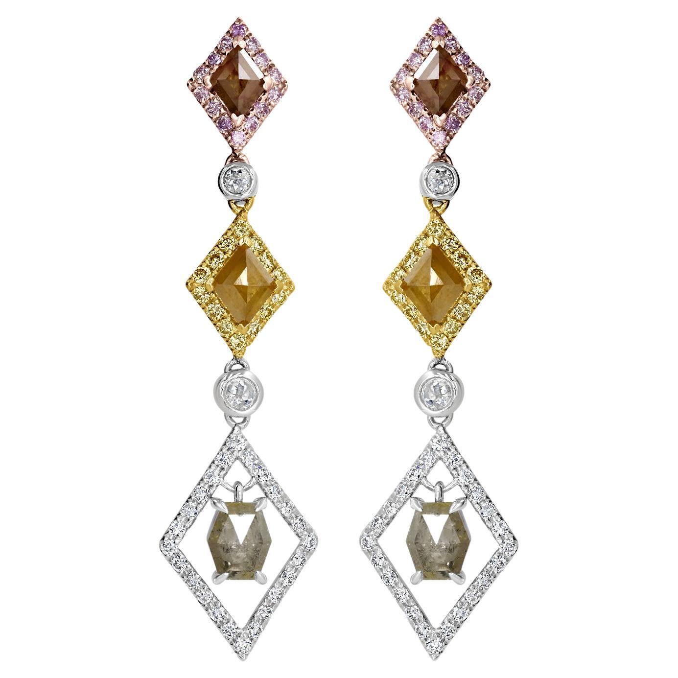 Pendientes de gota de oro de 18 quilates con sal y pimienta, diamantes rosas, amarillos y blancos