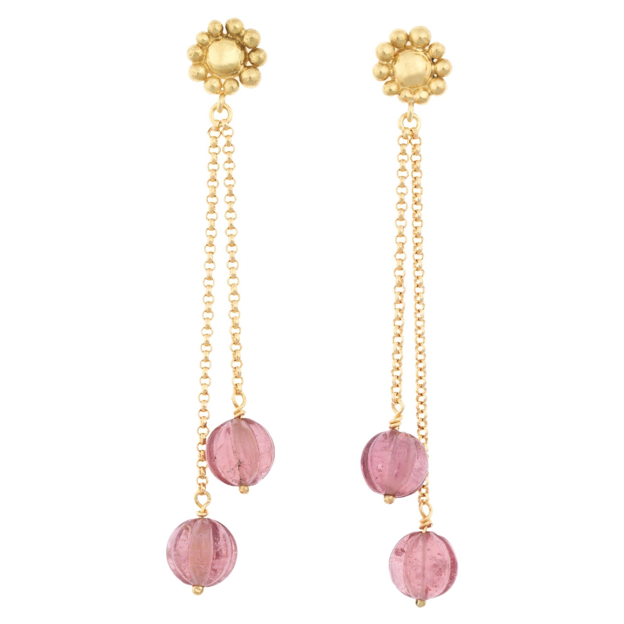 18k Gold Drop Earrings with Vivid Pink Tourmaline Beads on a Gold Chain For Sale