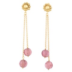18k Gold Drop Earrings with Vivid Pink Tourmaline Beads on a Gold Chain