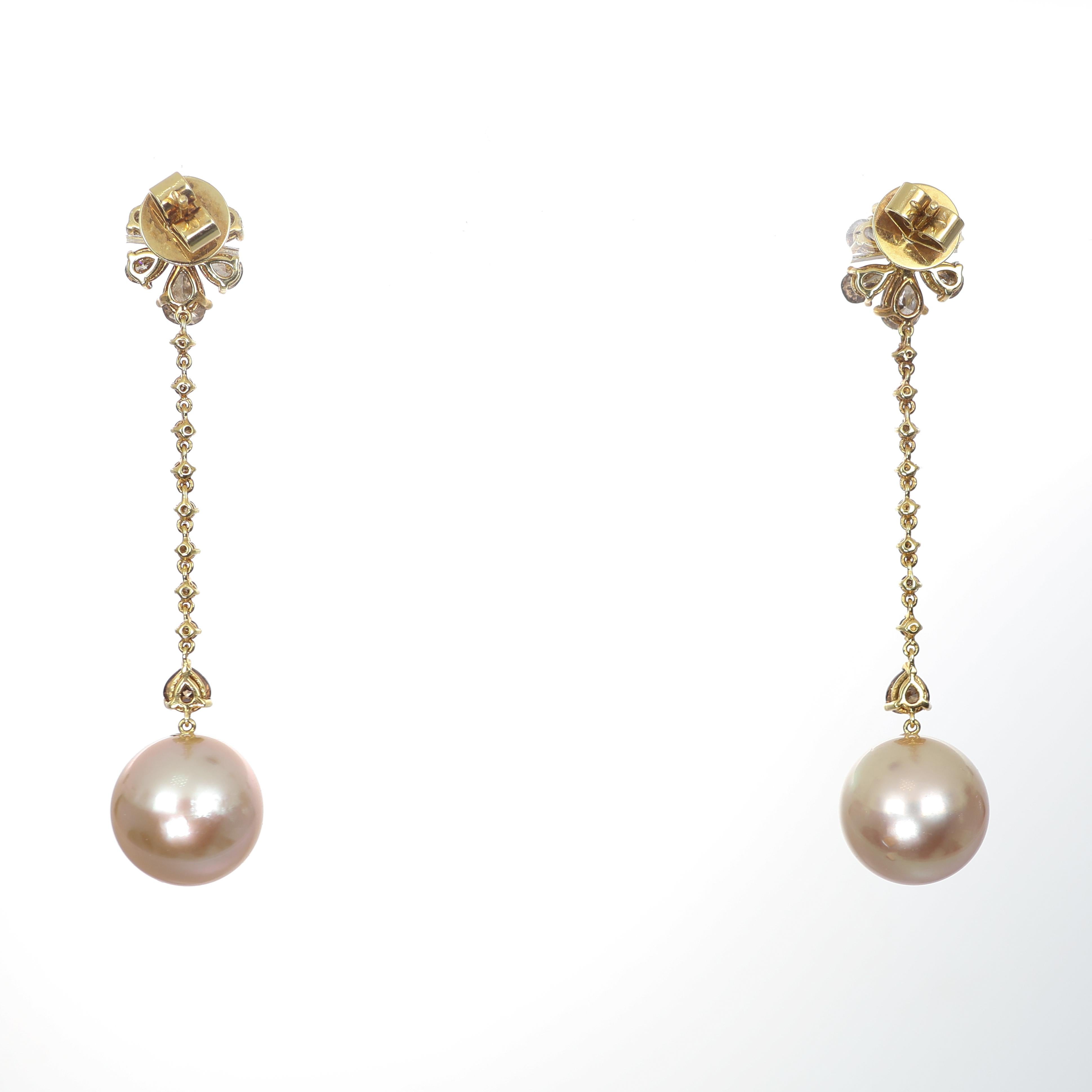 Brilliant Cut 18K Gold Drop Earrings with Yellow Pearls and Champagne Diamonds For Sale